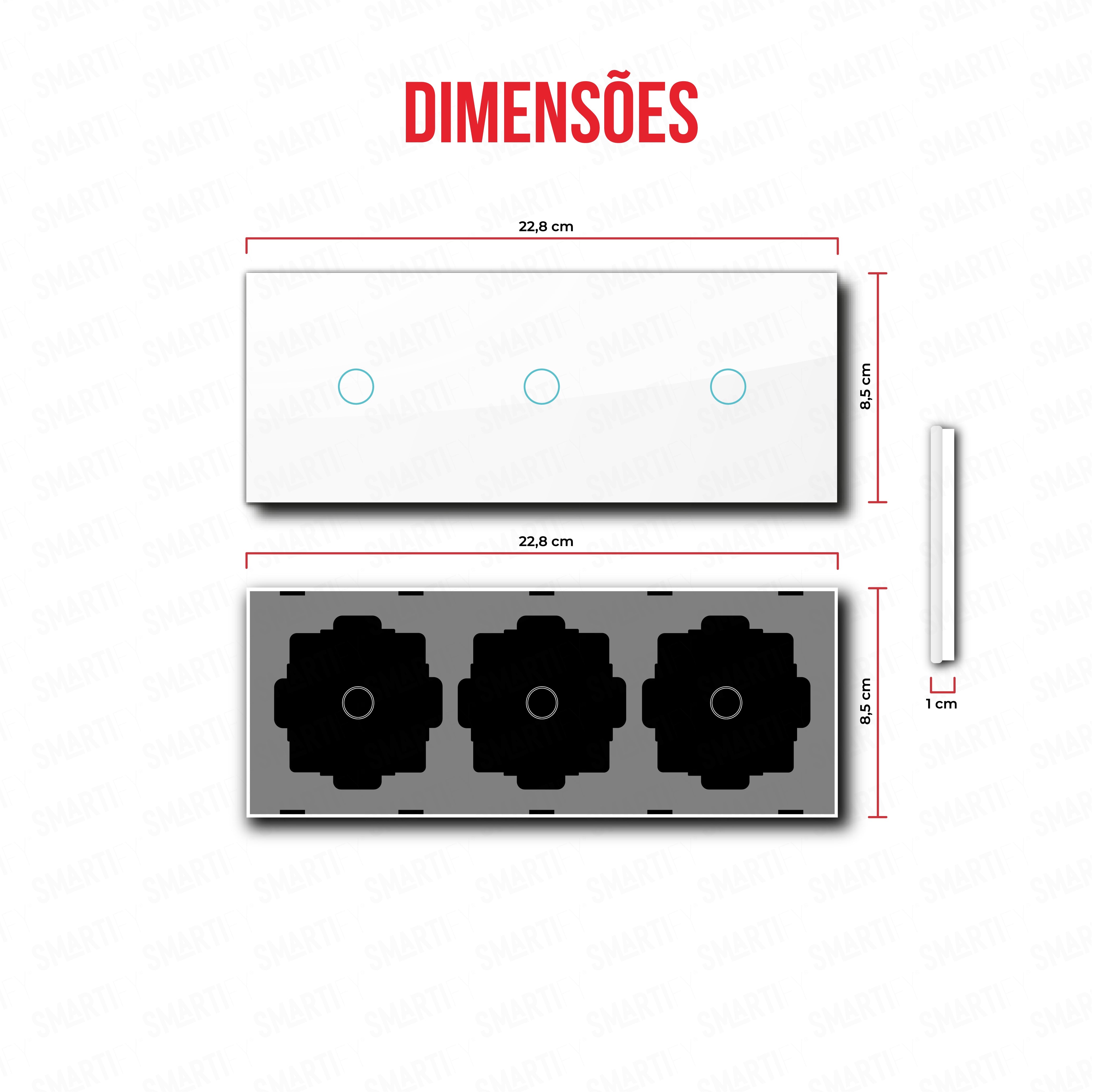 Smartify vPRO Espelho Triplo (1 botão + 1 botão + 1 botão) Branco – dimensões de espelho compacto com acabamento em vidro temperado.