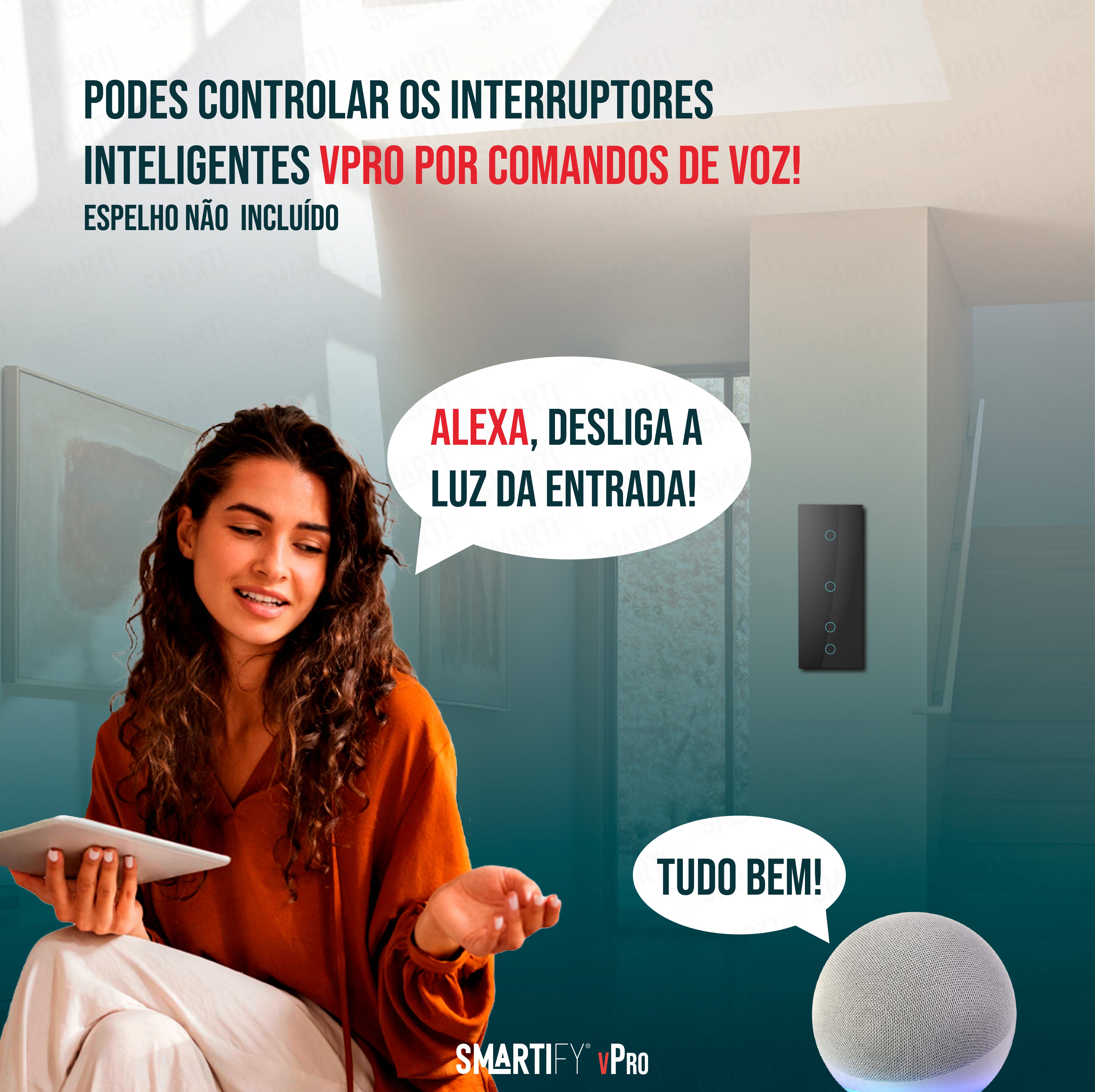 Smartify Interruptor Inteligente Wi-Fi, destacando a funcionalidade de controlo por comandos de voz, compatível com assistentes virtuais para uma experiência de automação mãos-livres.