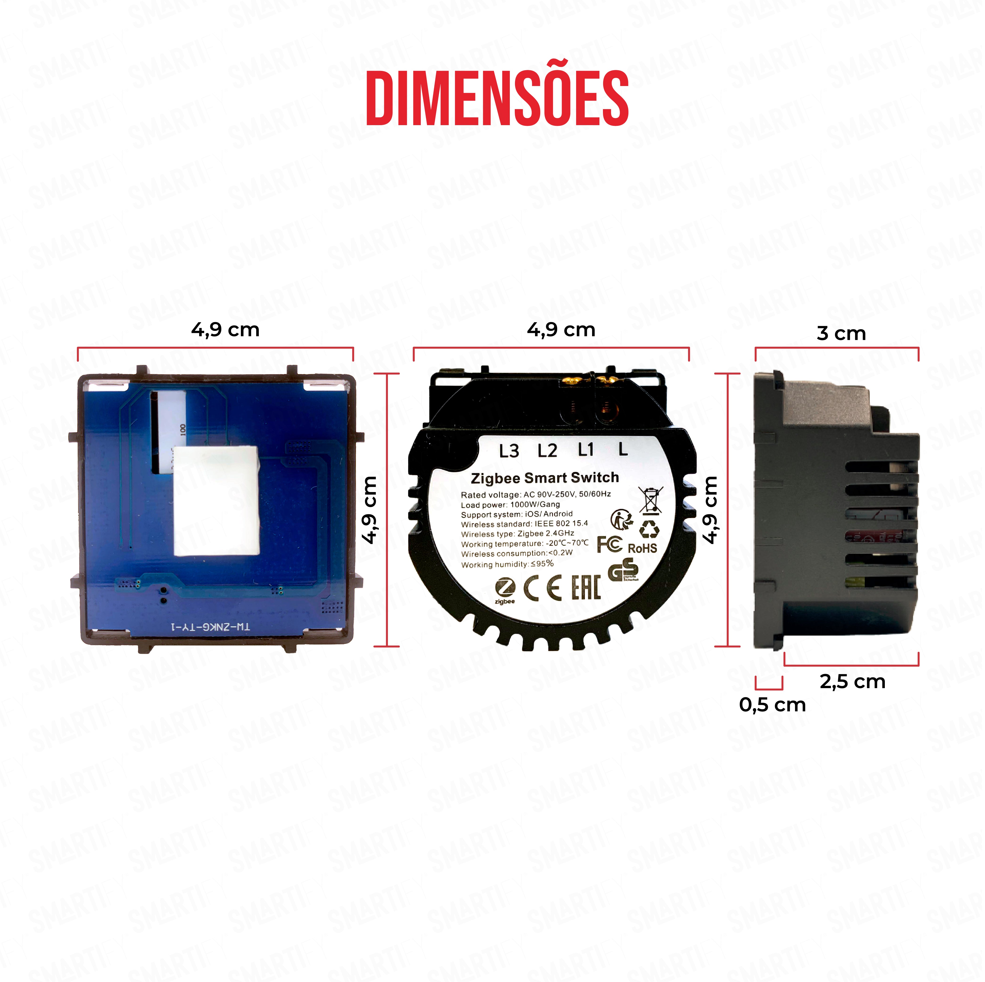 Smartify Módulo Interruptor Inteligente 1 Canal Zigbee sem neutro Visão – imagem exibindo as dimensões do produto, destacando seu design compacto e funcionalidades para automação residencial.