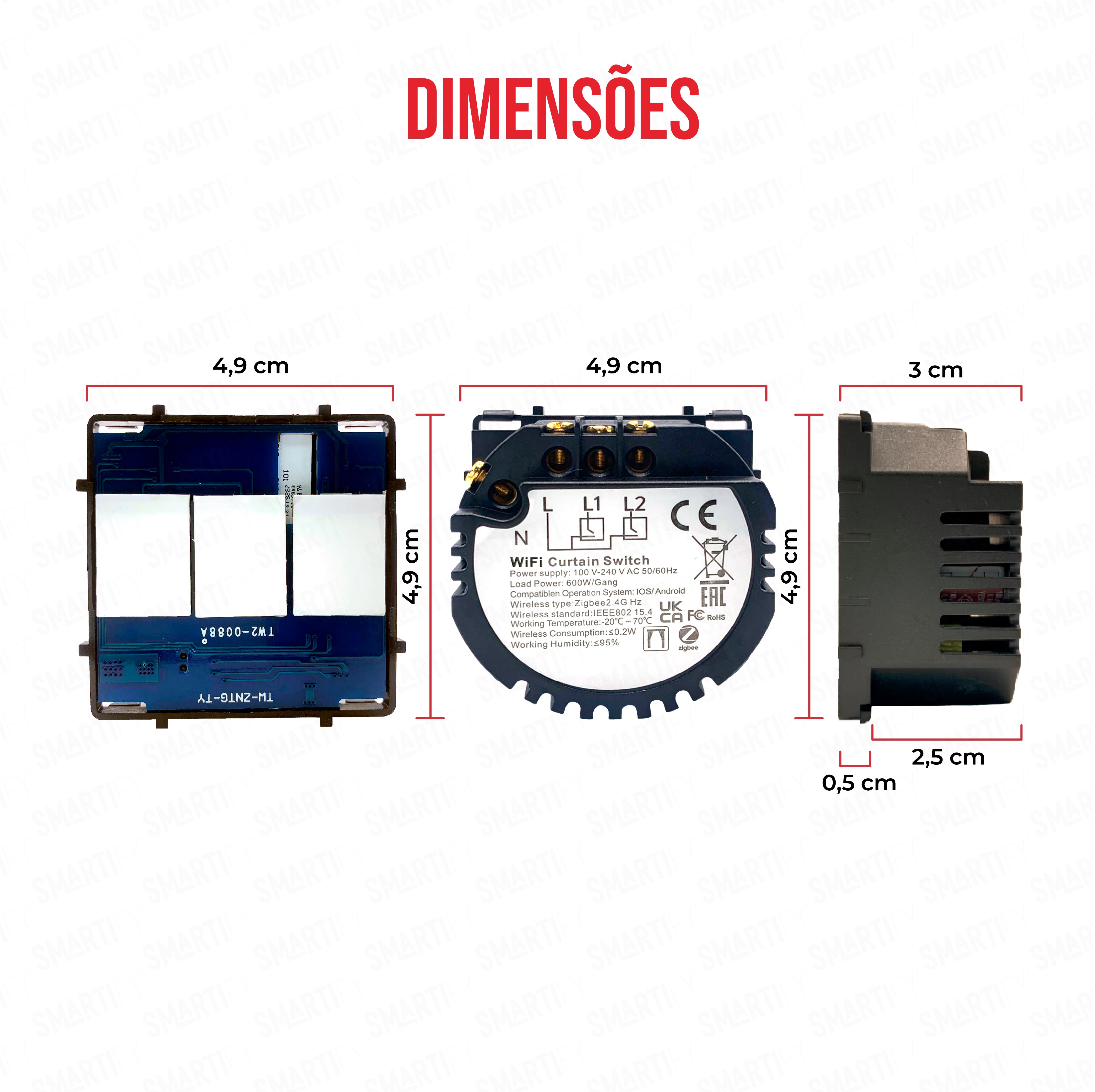 Smartify Módulo de Cortinas Inteligente  Wi-Fi Dimensões – imagem exibindo as dimensões do produto, destacando seu design compacto e funcionalidades para automação residencial.