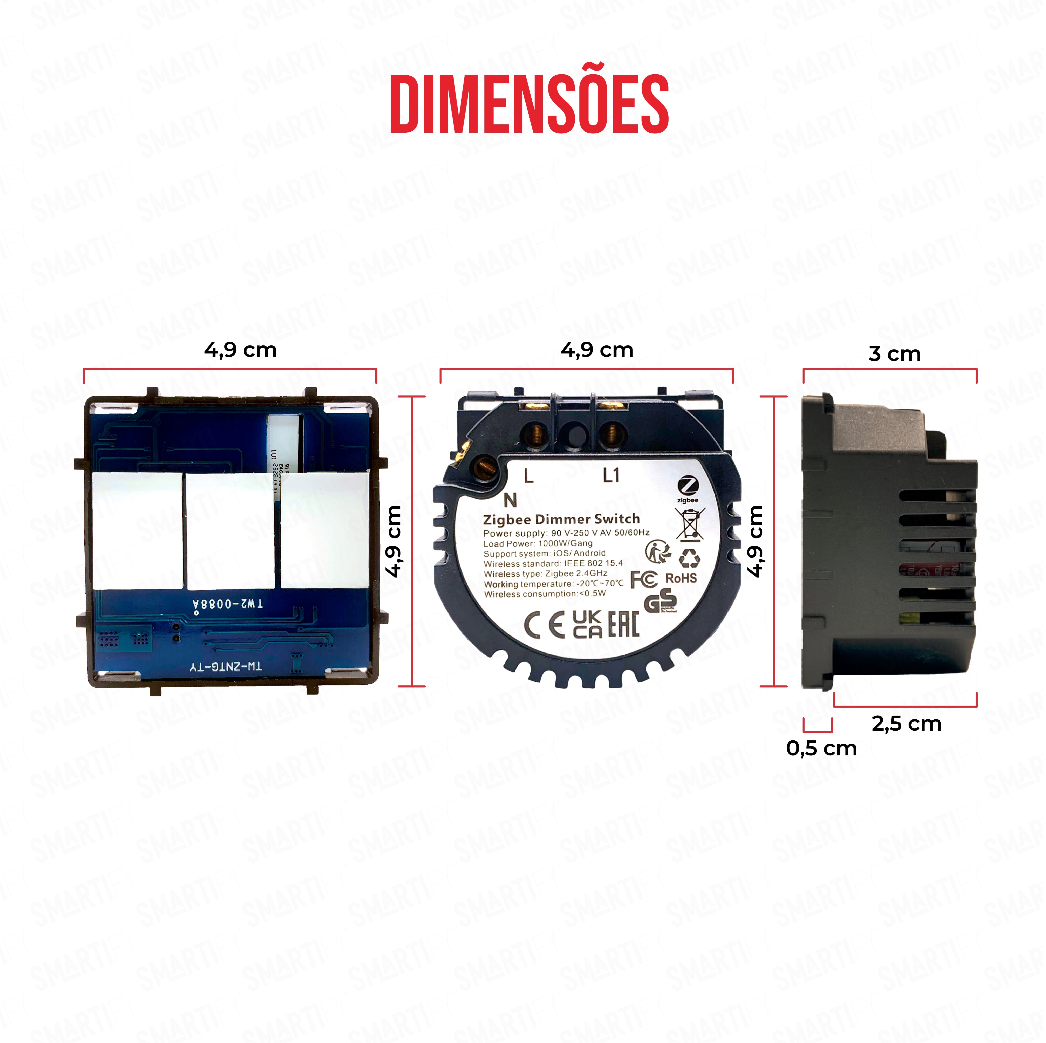 Smartify Módulo Interruptor Dimmer Inteligente 1 Canal Zigbee Dimensões – imagem exibindo as dimensões do produto, destacando seu design compacto e funcionalidades para automação residencial.