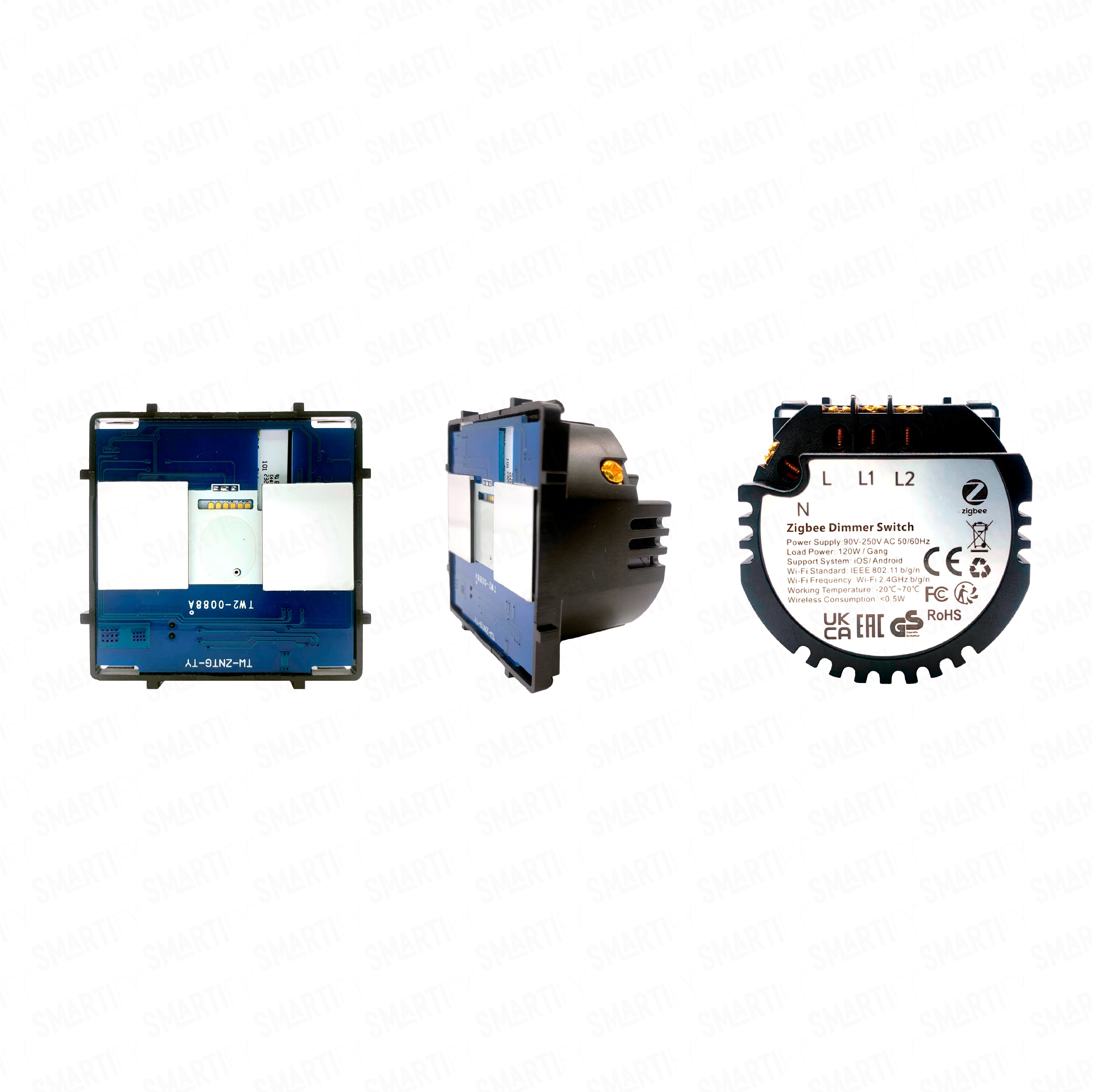 Smartify Módulo Interruptor  Dimmer Inteligente de 2 canais Zigbee Visão – imagem exibindo três ângulos do dispositivo, destacando seu design compacto e funcionalidades para automação residencial.