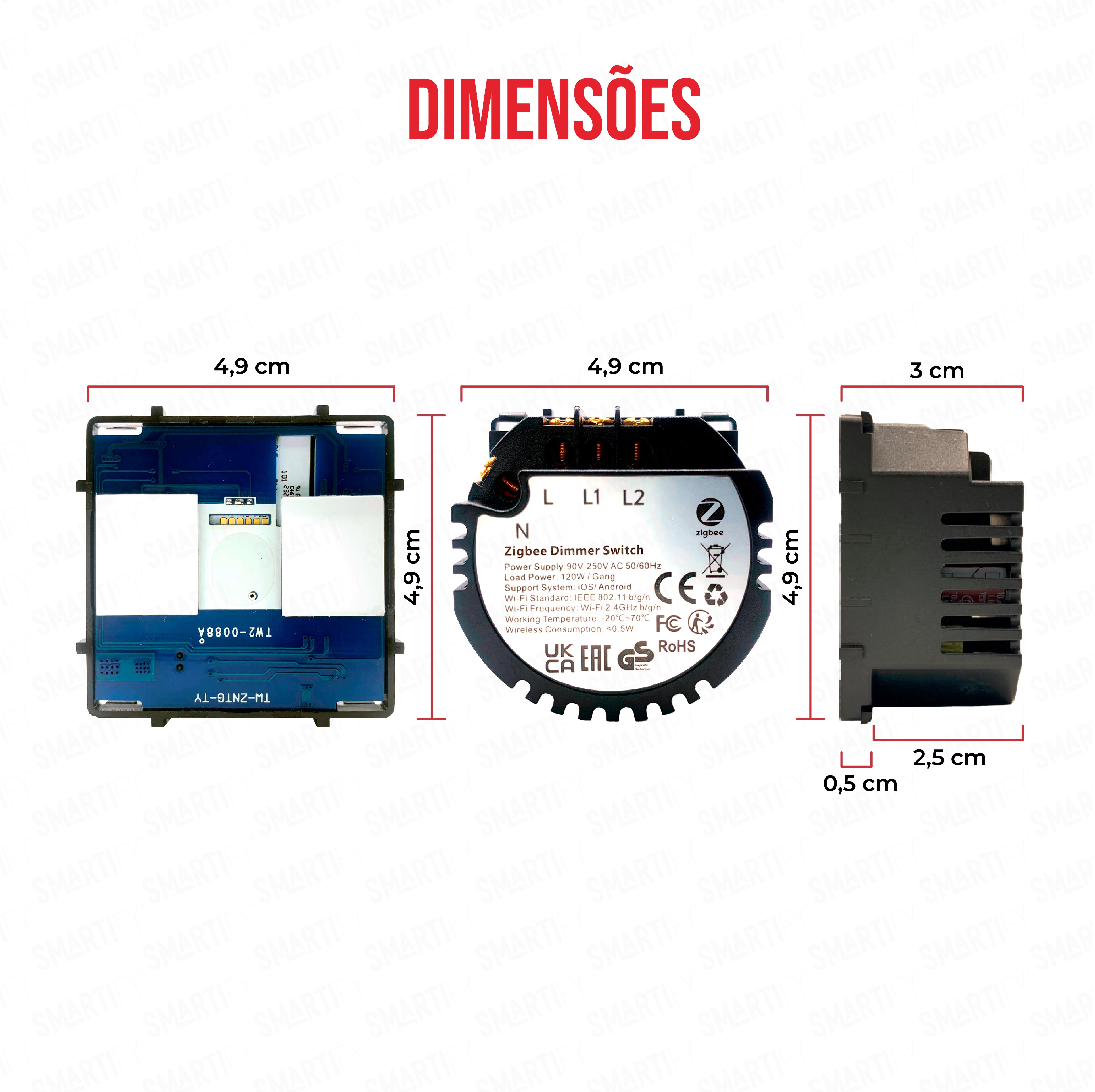 Smartify Módulo Interruptor Dimmer Inteligente 2 Canais Zigbee Dimensões – imagem exibindo as dimensões do produto, destacando seu design compacto e funcionalidades para automação residencial.