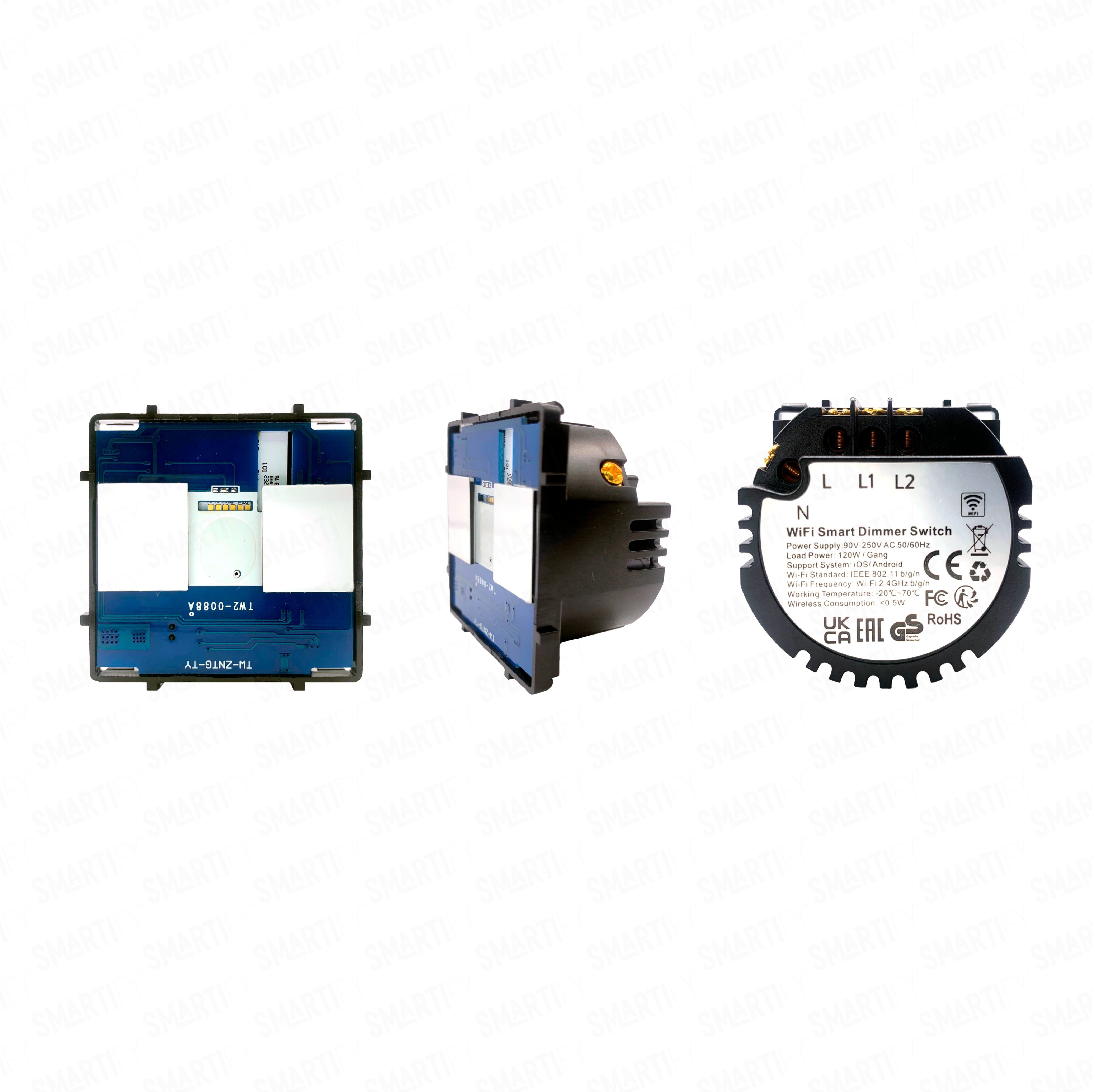 Smartify Módulo Interruptor  Dimmer Inteligente de 2 canais Wi-Fi Visão – imagem exibindo três ângulos do dispositivo, destacando seu design compacto e funcionalidades para automação residencial.