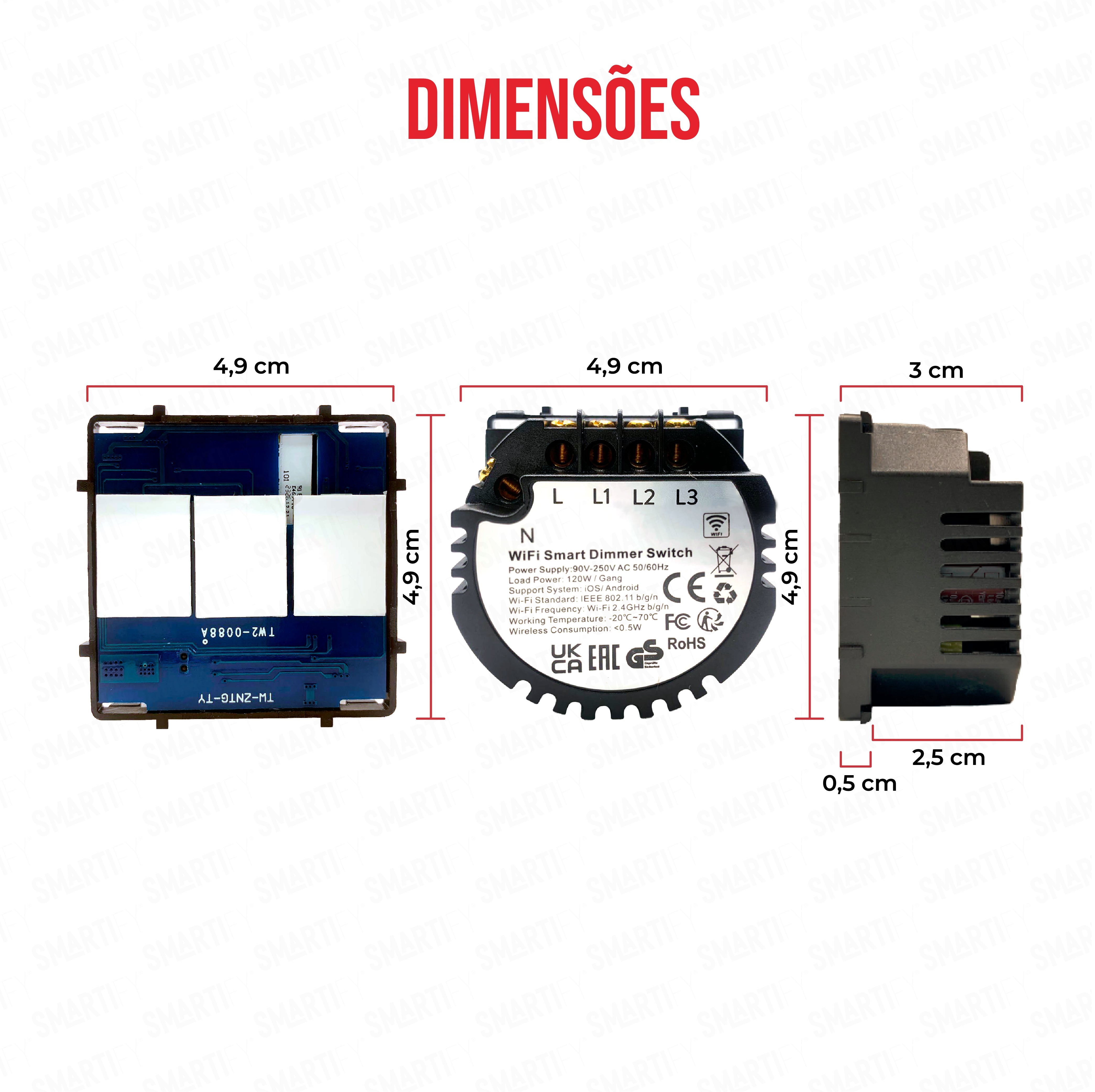 Smartify Módulo Interruptor Dimmer Inteligente 3 Canais Wi-Fi Dimensões – imagem exibindo as dimensões do produto, destacando seu design compacto e funcionalidades para automação residencial.