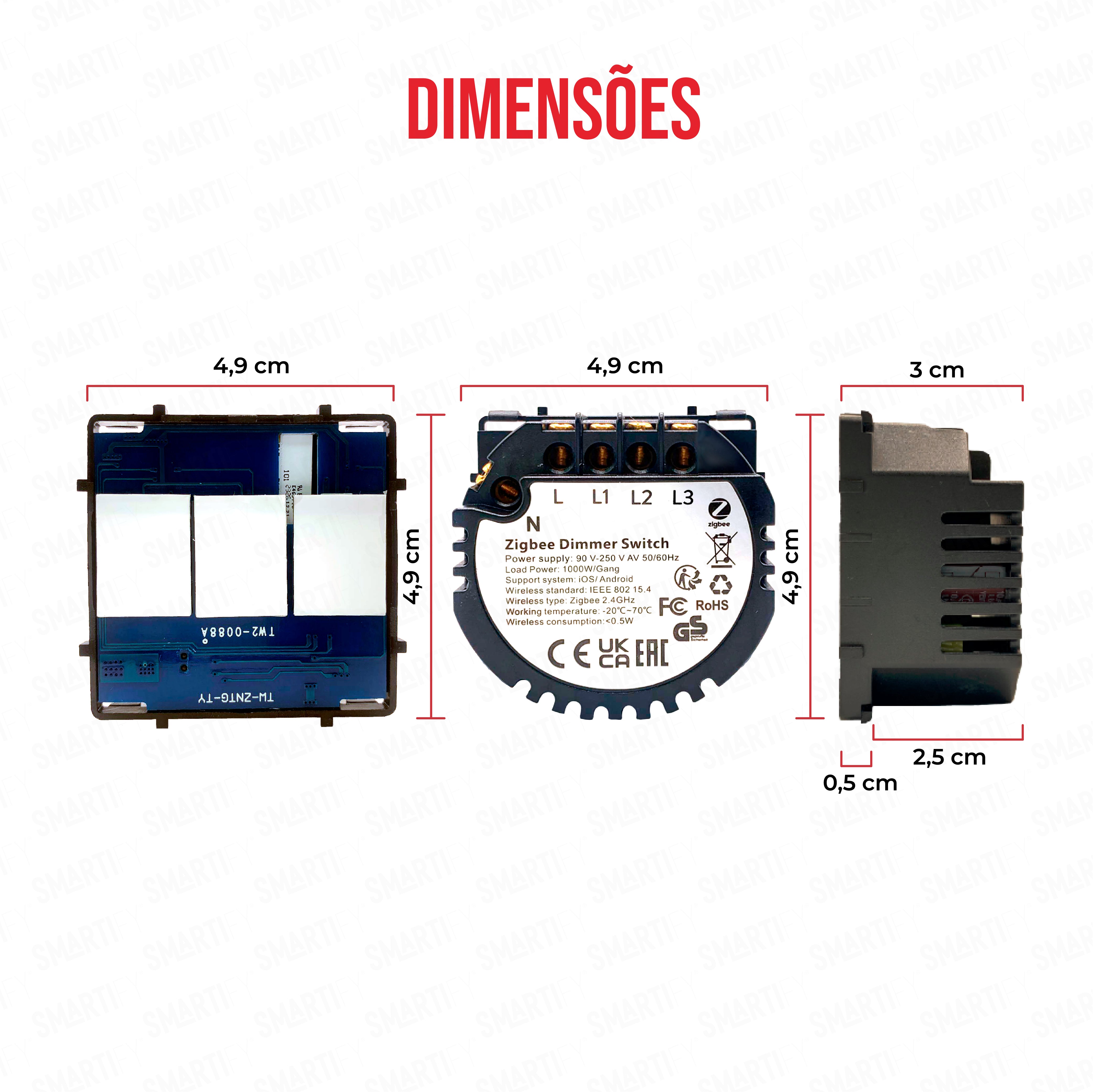 Smartify Módulo Interruptor Dimmer Inteligente 3 Canais Zigbee Dimensões – imagem exibindo as dimensões do produto, destacando seu design compacto e funcionalidades para automação residencial.