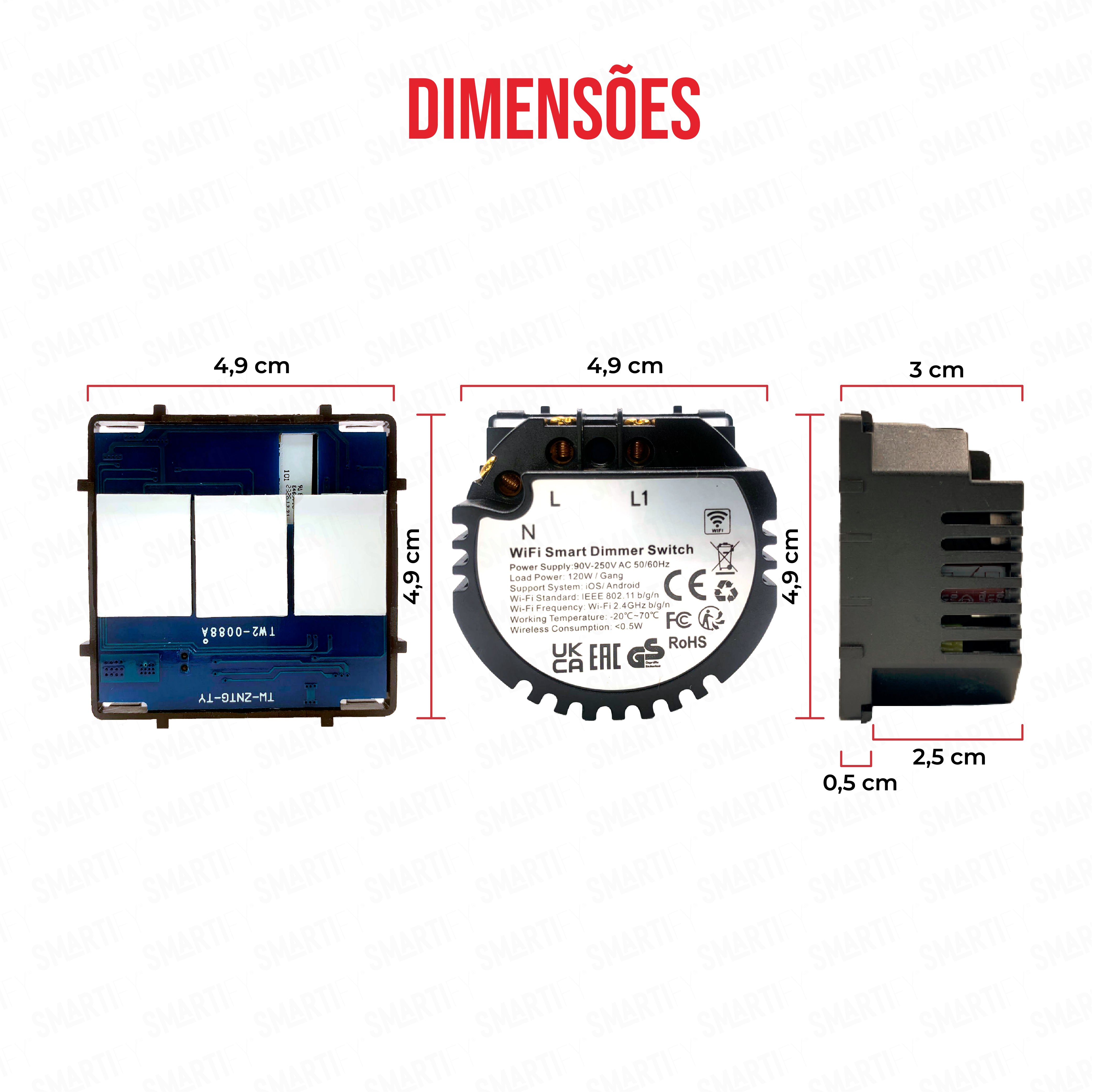 Smartify Módulo Interruptor Dimmer Inteligente 3 Canais Wi-Fi Dimensões – imagem exibindo as dimensões do produto, destacando seu design compacto e funcionalidades para automação residencial.