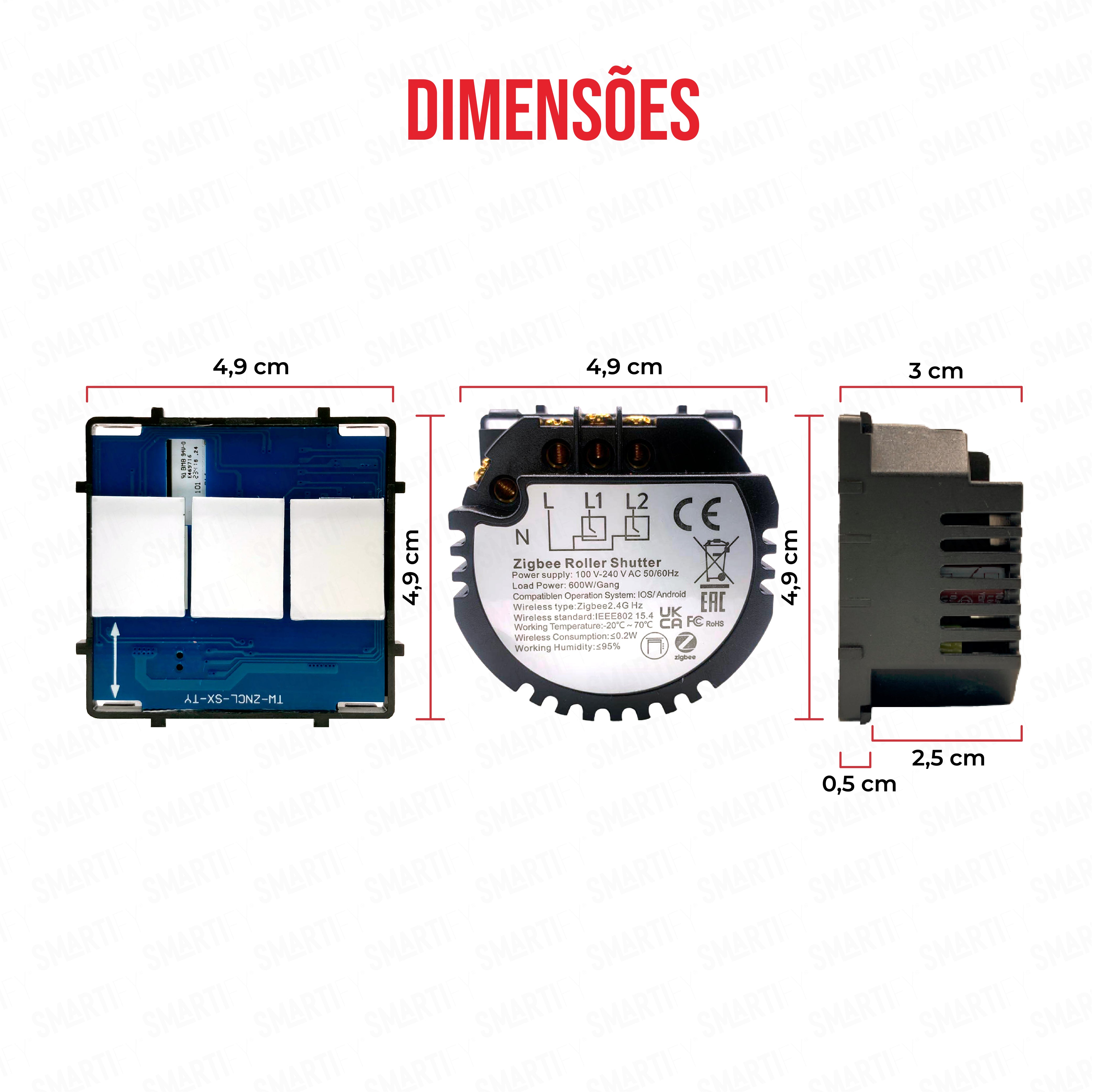 Smartify Módulo de Estores Inteligente  Zigbee Dimensões – imagem exibindo as dimensões do produto, destacando seu design compacto e funcionalidades para automação residencial.