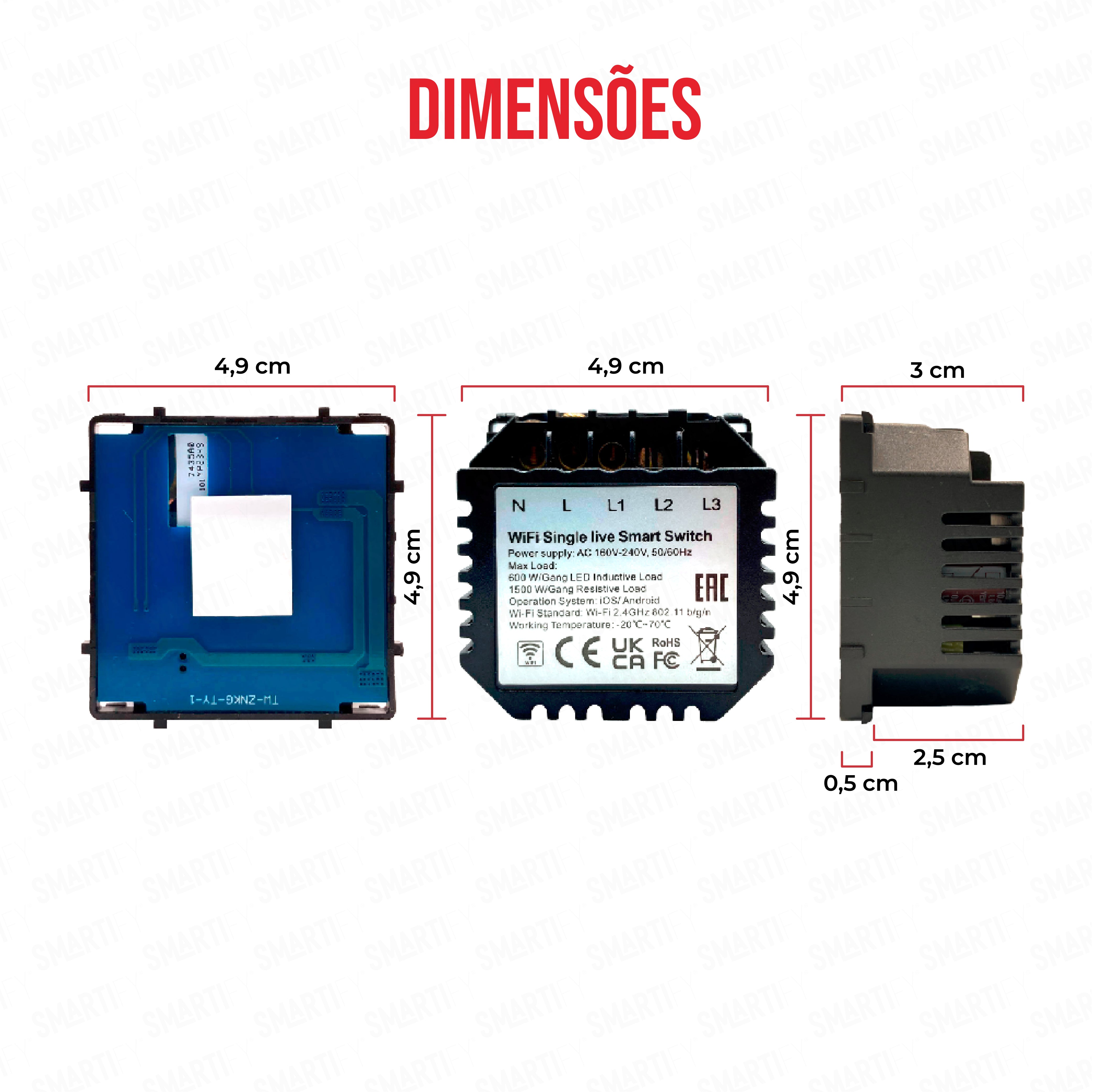 Smartify Módulo Interruptor Inteligente 1 Canal Wi-Fi Visão – imagem exibindo as dimensões do produto, destacando seu design compacto e funcionalidades para automação residencial.