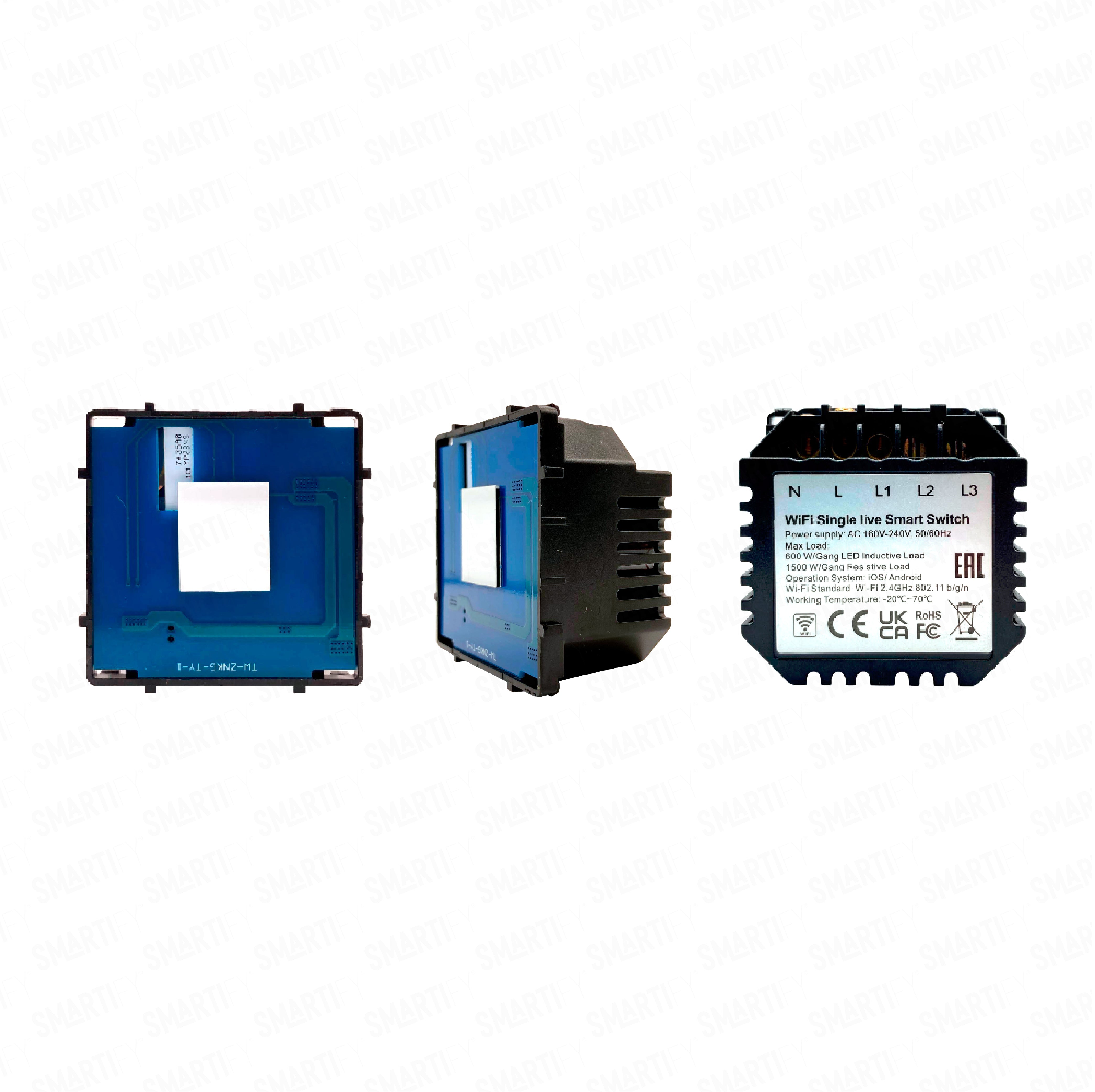 Smartify Módulo Interruptor Inteligente 1 Canal Wi-Fi Visão – imagem exibindo três ângulos do dispositivo, destacando seu design compacto e funcionalidades para automação residencial.