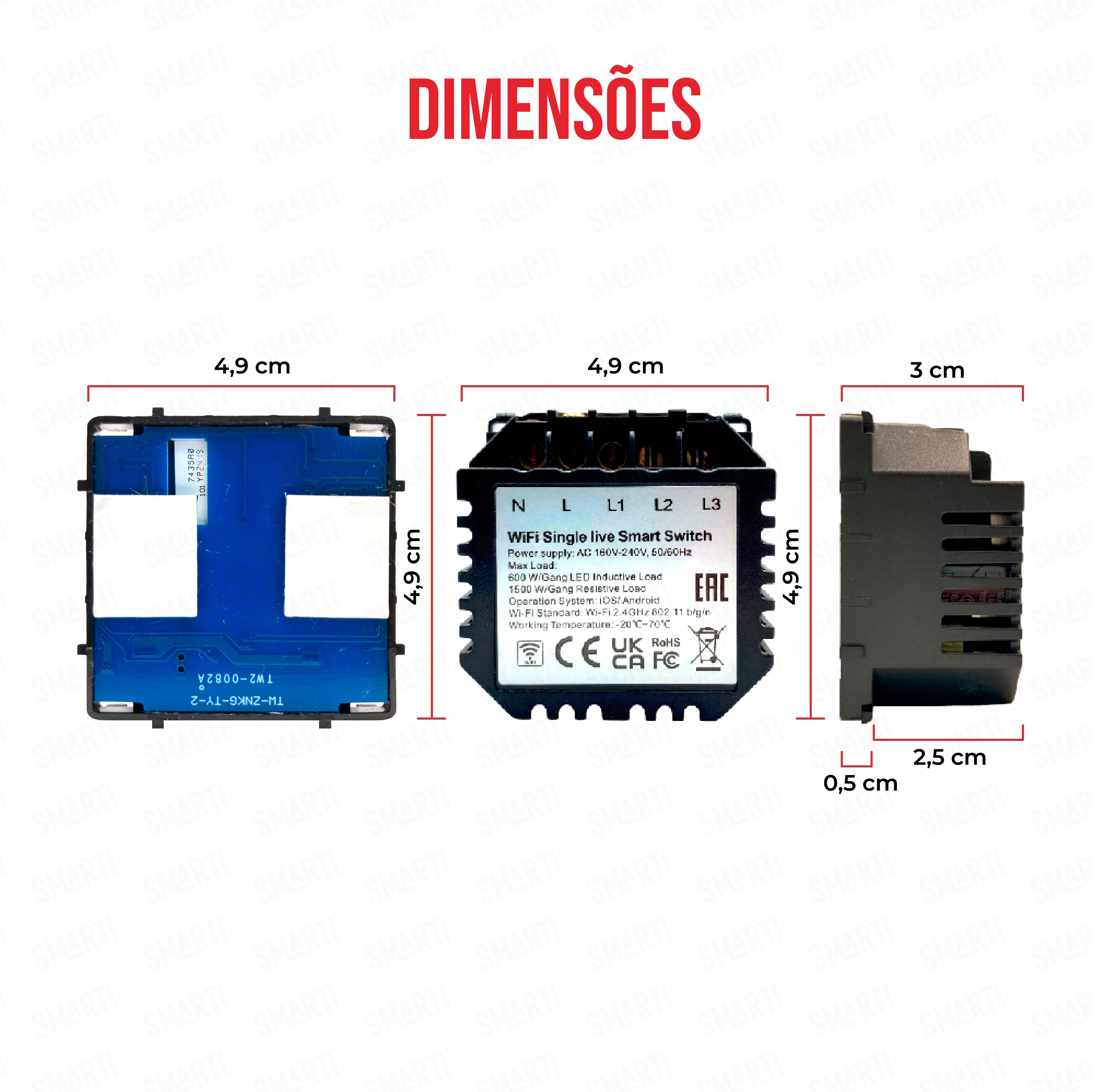 Smartify Módulo Interruptor Inteligente 2 Canais Wi-Fi Visão – imagem exibindo as dimensões do produto, destacando seu design compacto e funcionalidades para automação residencial.