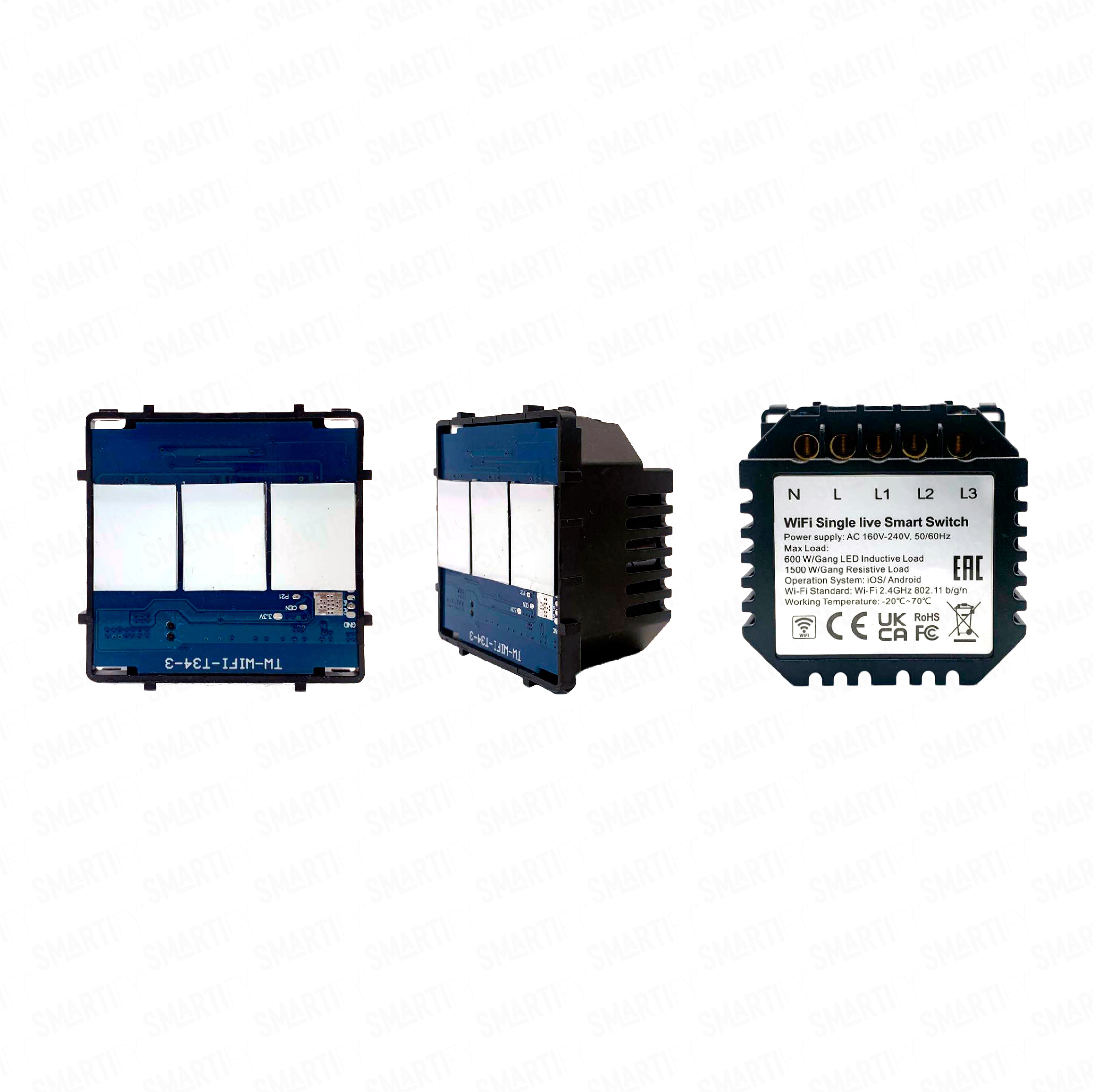 Smartify Módulo Interruptor Inteligente 3 Canais Wi-Fi Visão – imagem exibindo três ângulos do dispositivo, destacando seu design compacto e funcionalidades para automação residencial.