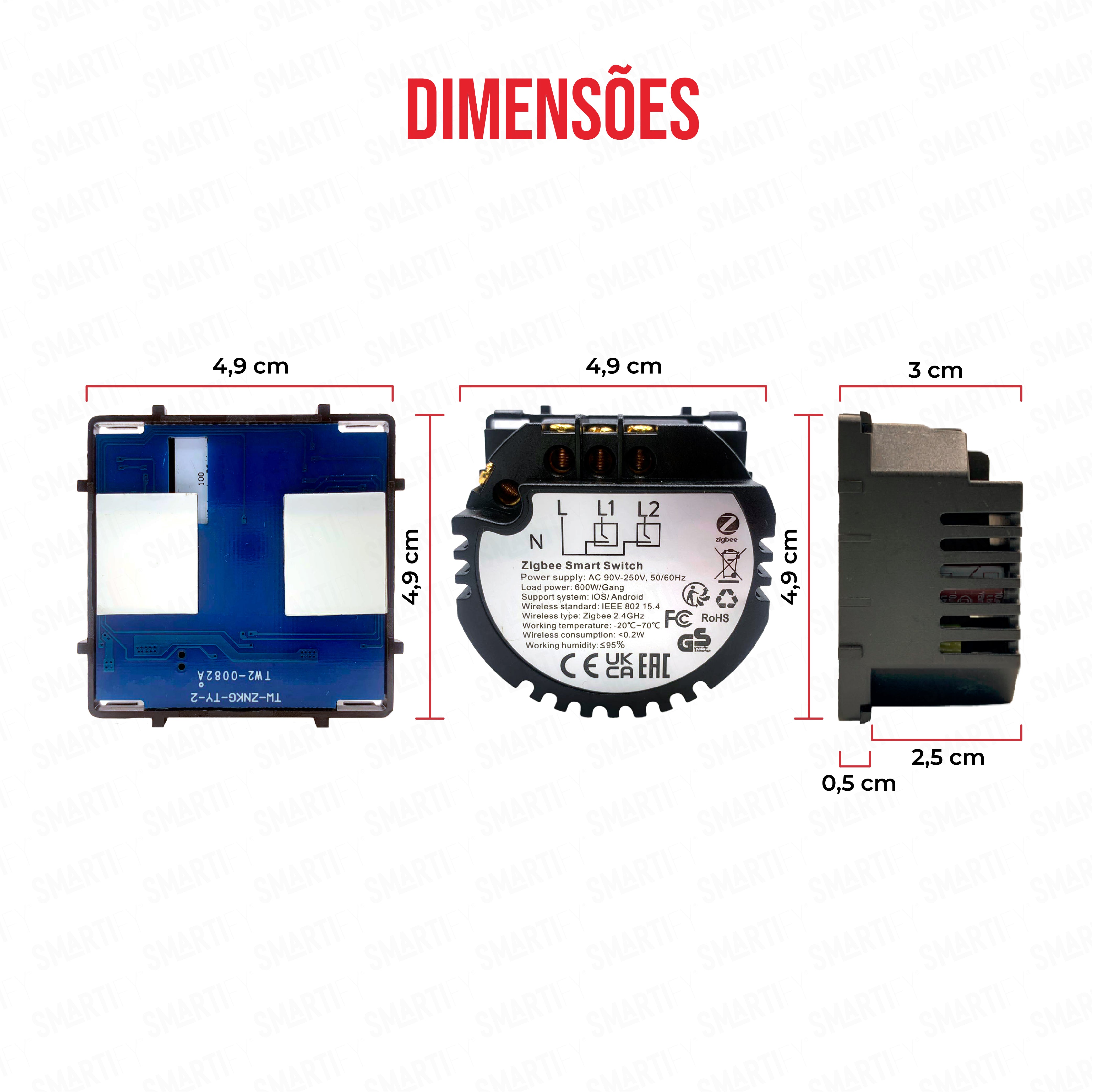 Smartify Módulo Interruptor Inteligente 2 Canais Zigbee Visão – imagem exibindo as dimensões do produto, destacando seu design compacto e funcionalidades para automação residencial.