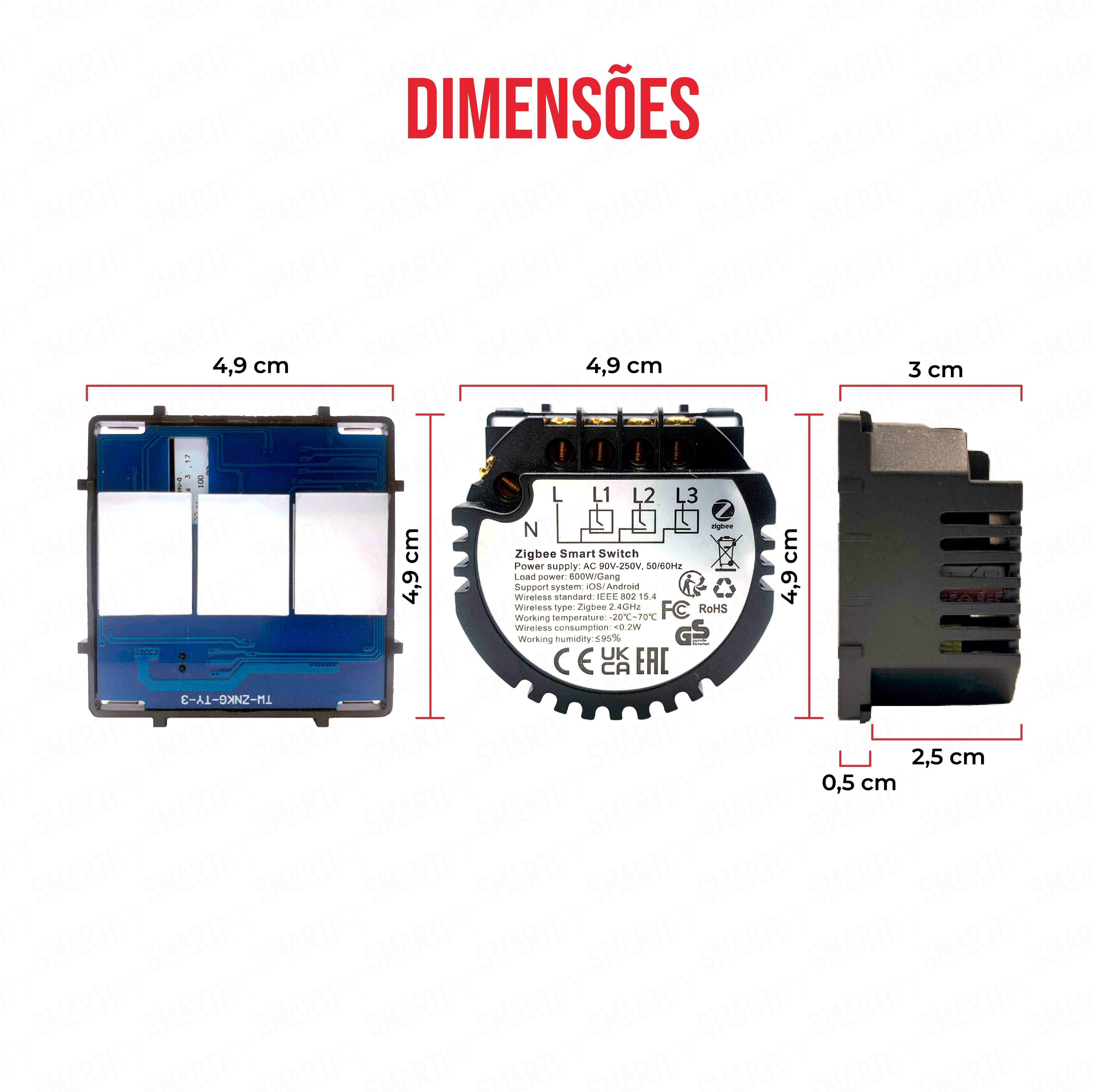 Smartify Módulo Interruptor Inteligente 3 Canais Zigbee Visão – imagem exibindo as dimensões do produto, destacando seu design compacto e funcionalidades para automação residencial.