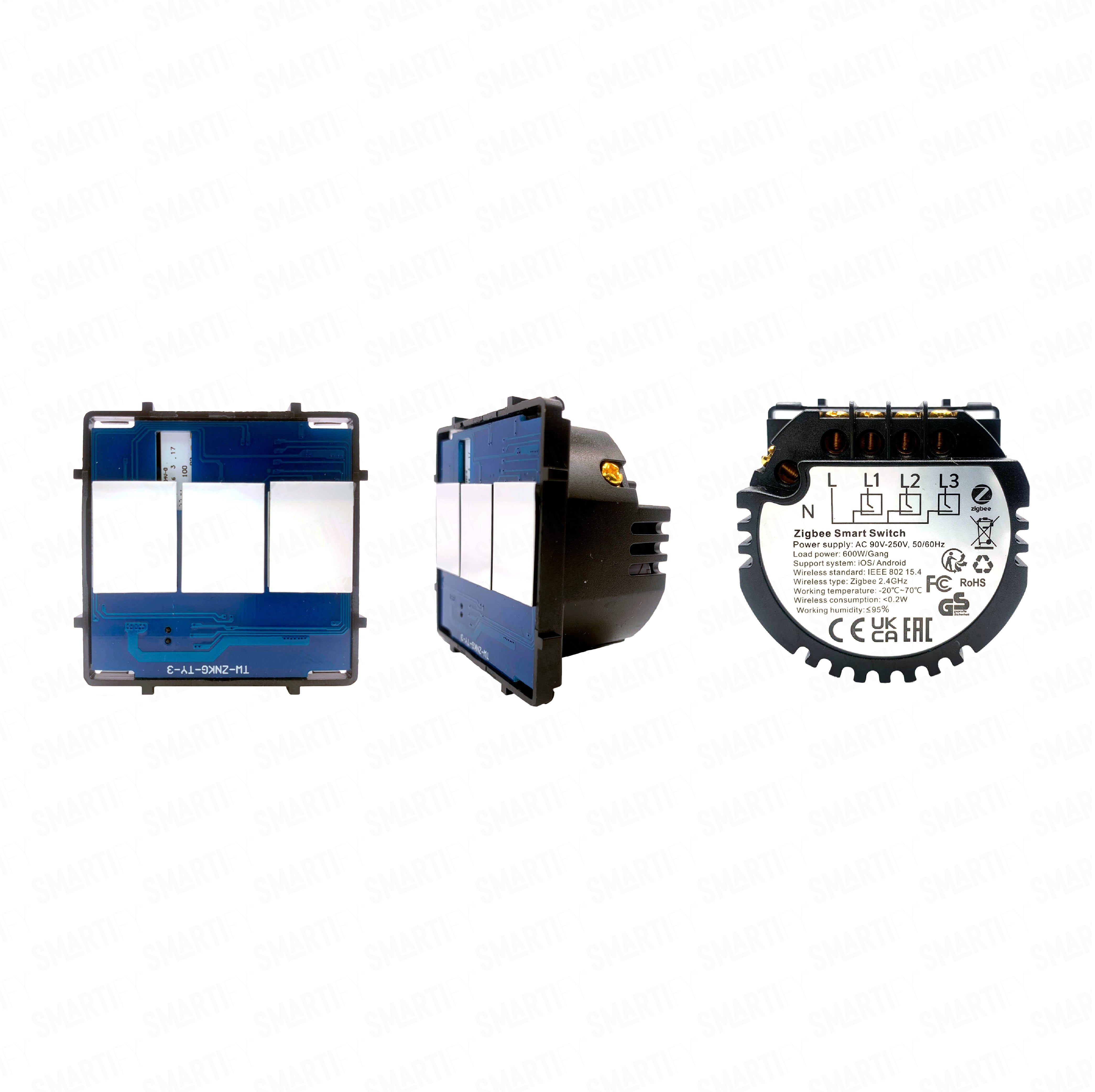 Smartify Módulo Interruptor Zigbee (com neutro) – imagem exibindo três ângulos do dispositivo, destacando seu design compacto e funcionalidades para automação residencial.