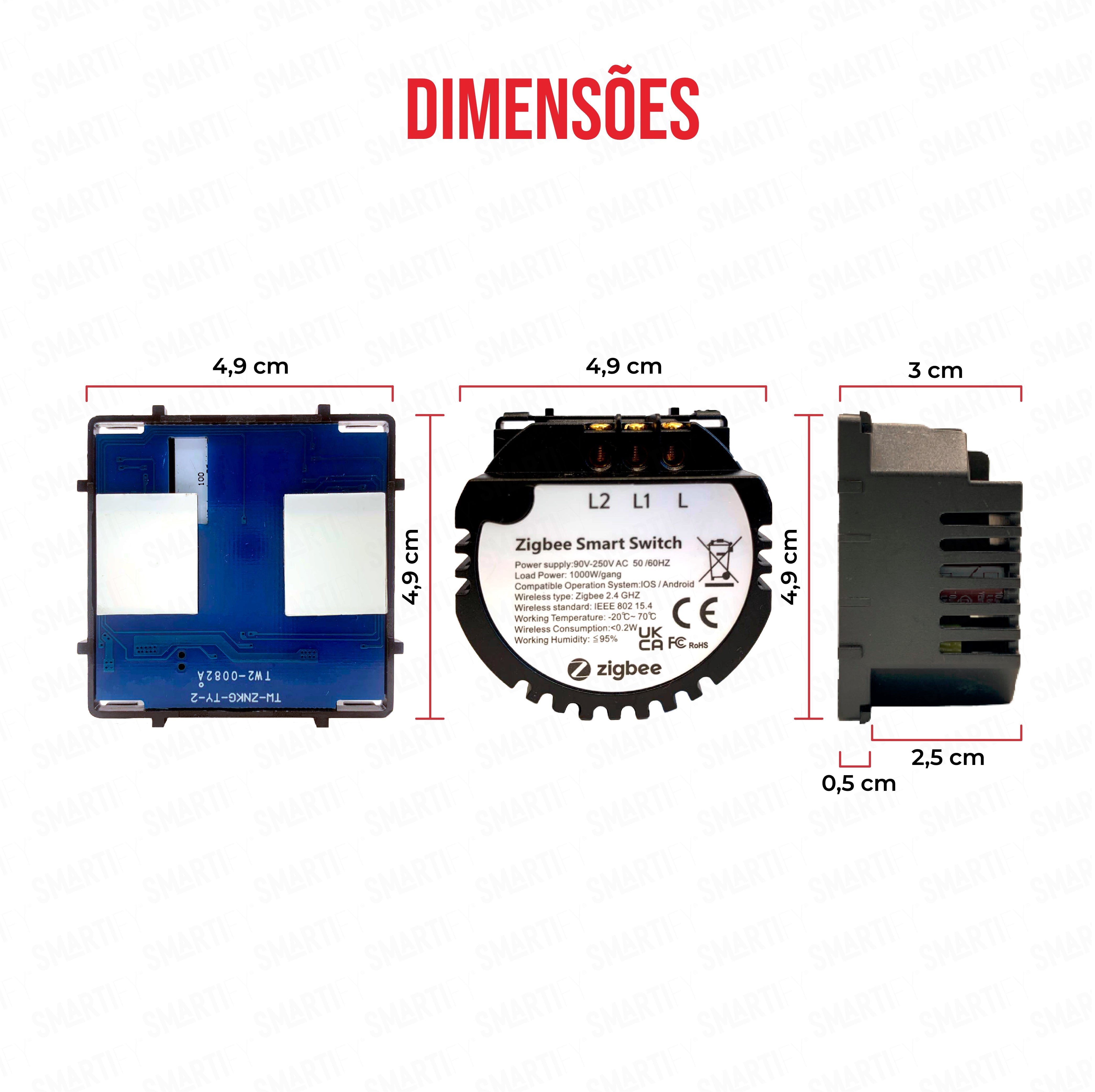 Smartify Módulo Interruptor Inteligente 2 Canais Zigbee Visão – imagem exibindo as dimensões do produto, destacando seu design compacto e funcionalidades para automação residencial.