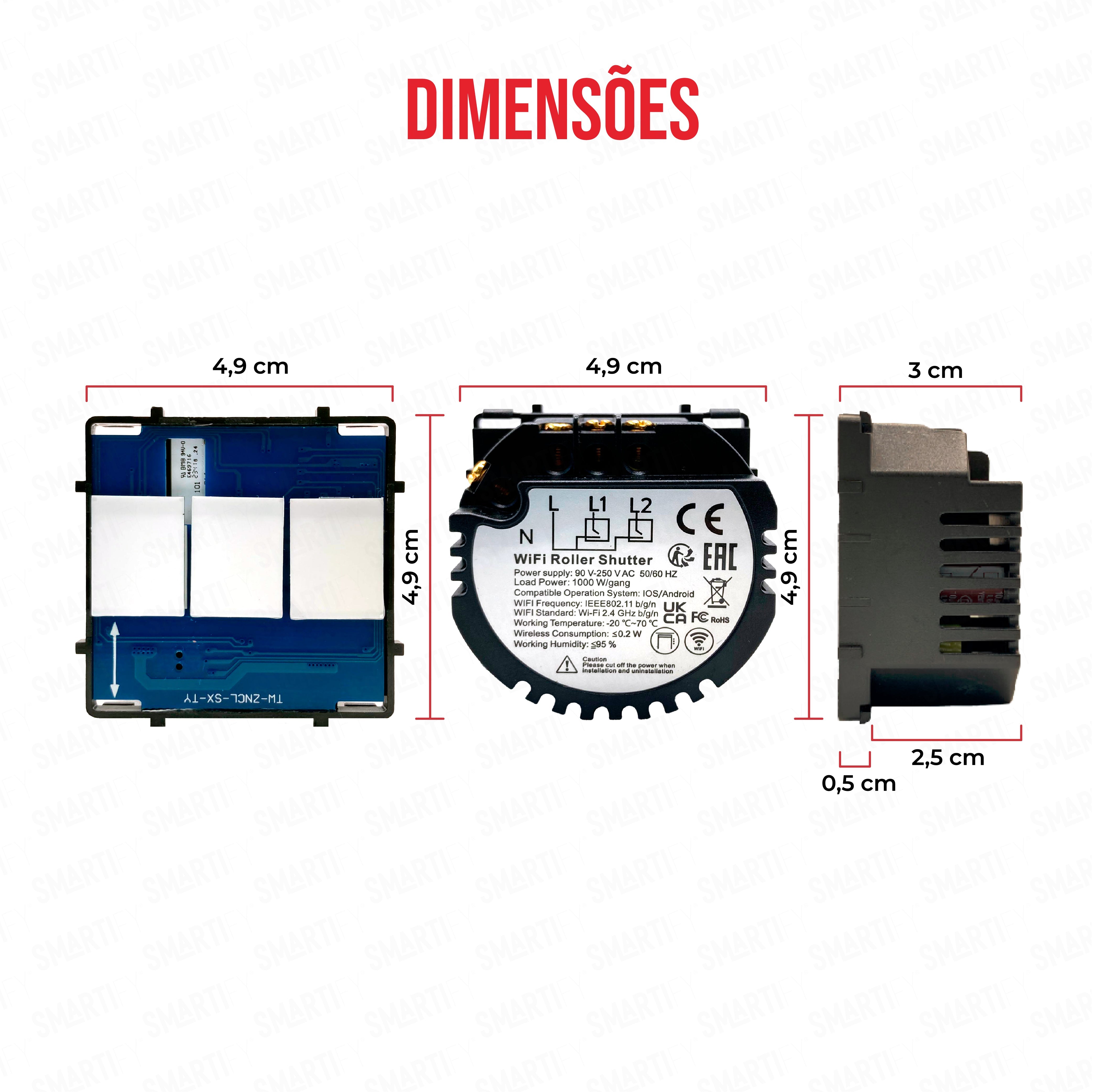 Smartify Módulo de Estores Inteligente  Wi-Fi Dimensões – imagem exibindo as dimensões do produto, destacando seu design compacto e funcionalidades para automação residencial.