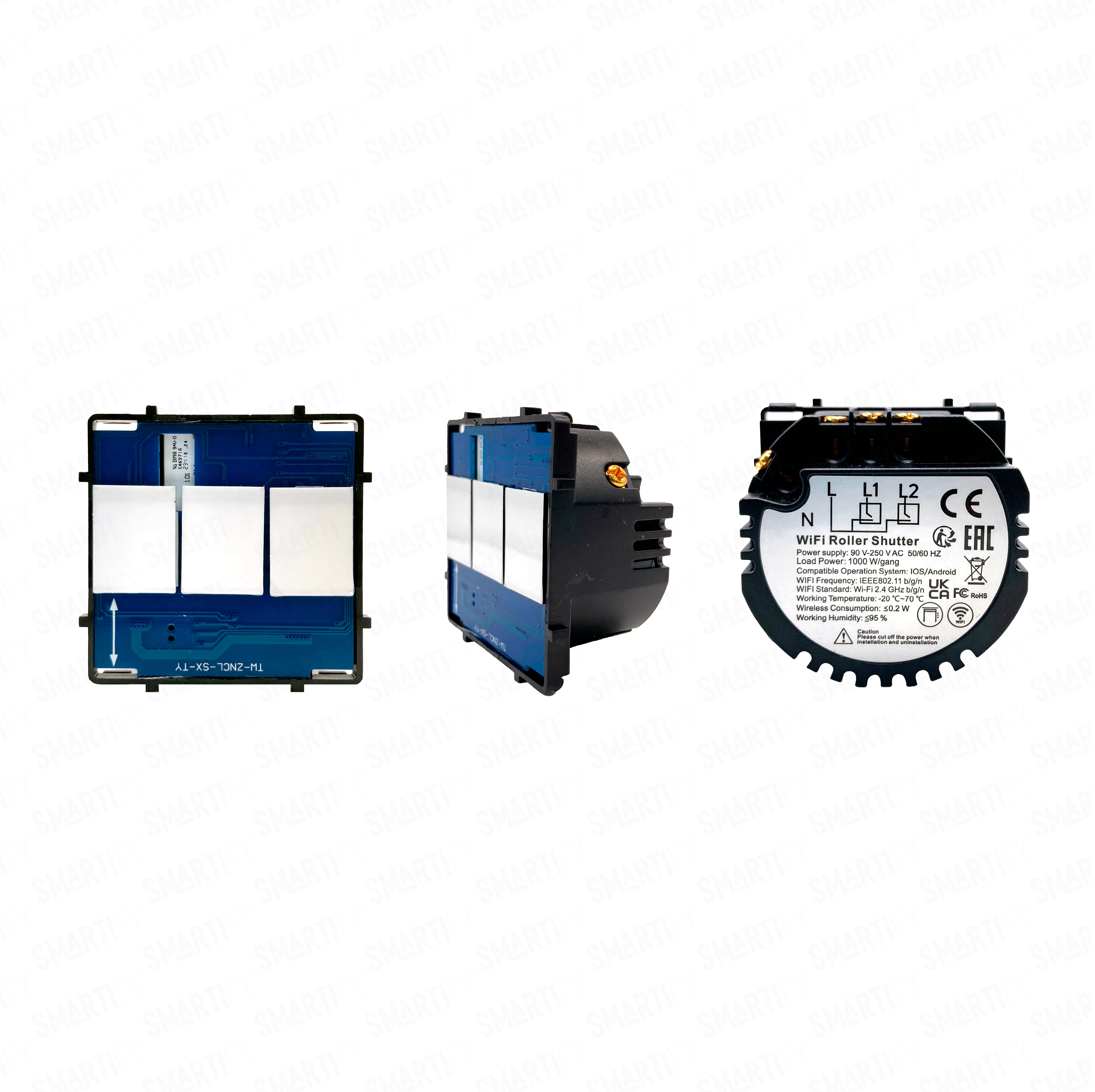 Smartify Módulo de estores Inteligente  Wi-Fi Visão – imagem exibindo três ângulos do dispositivo, destacando seu design compacto e funcionalidades para automação residencial.