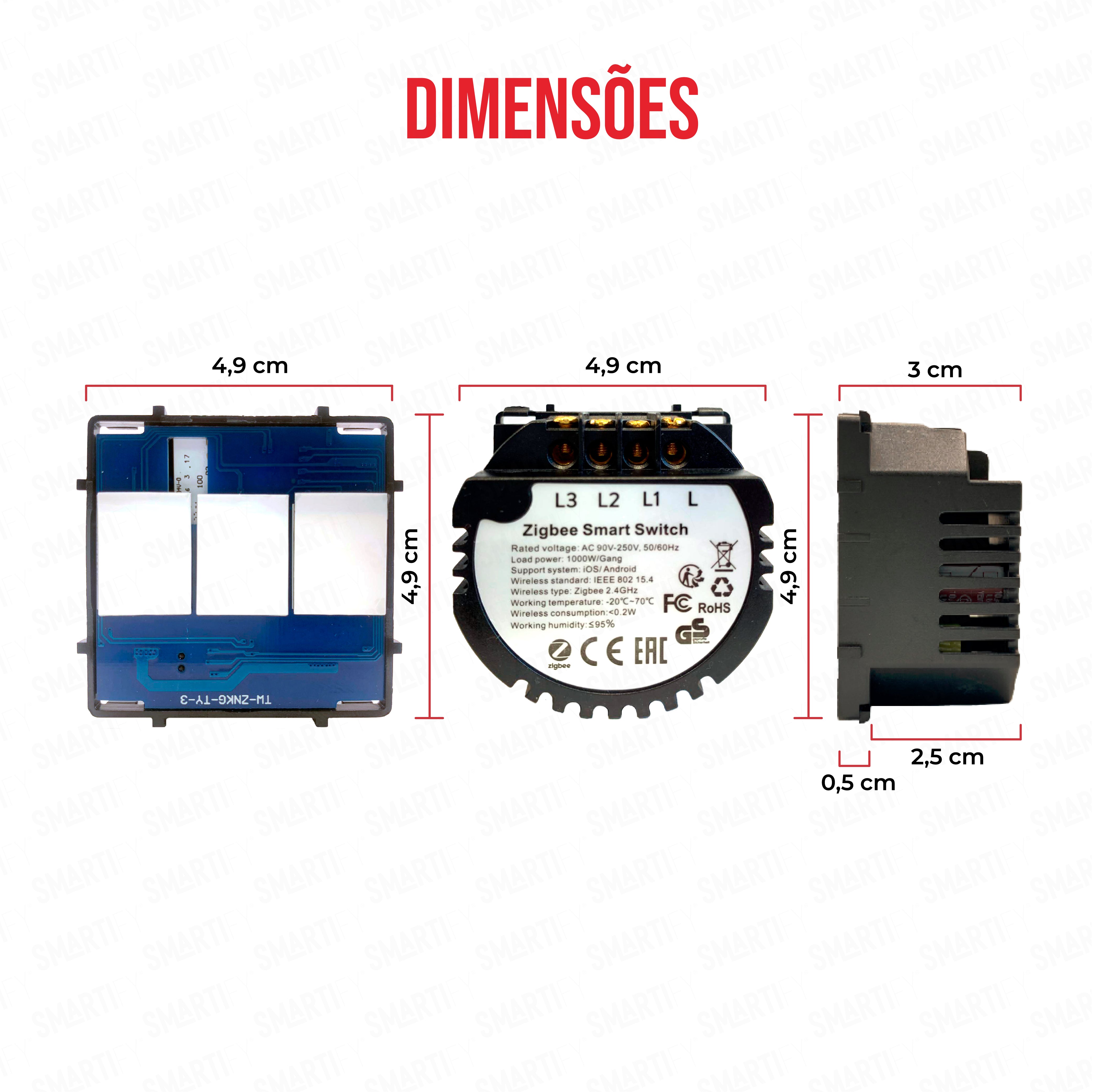 Smartify Módulo Interruptor Inteligente 3 Canais Zigbee Visão – imagem exibindo as dimensões do produto, destacando seu design compacto e funcionalidades para automação residencial.