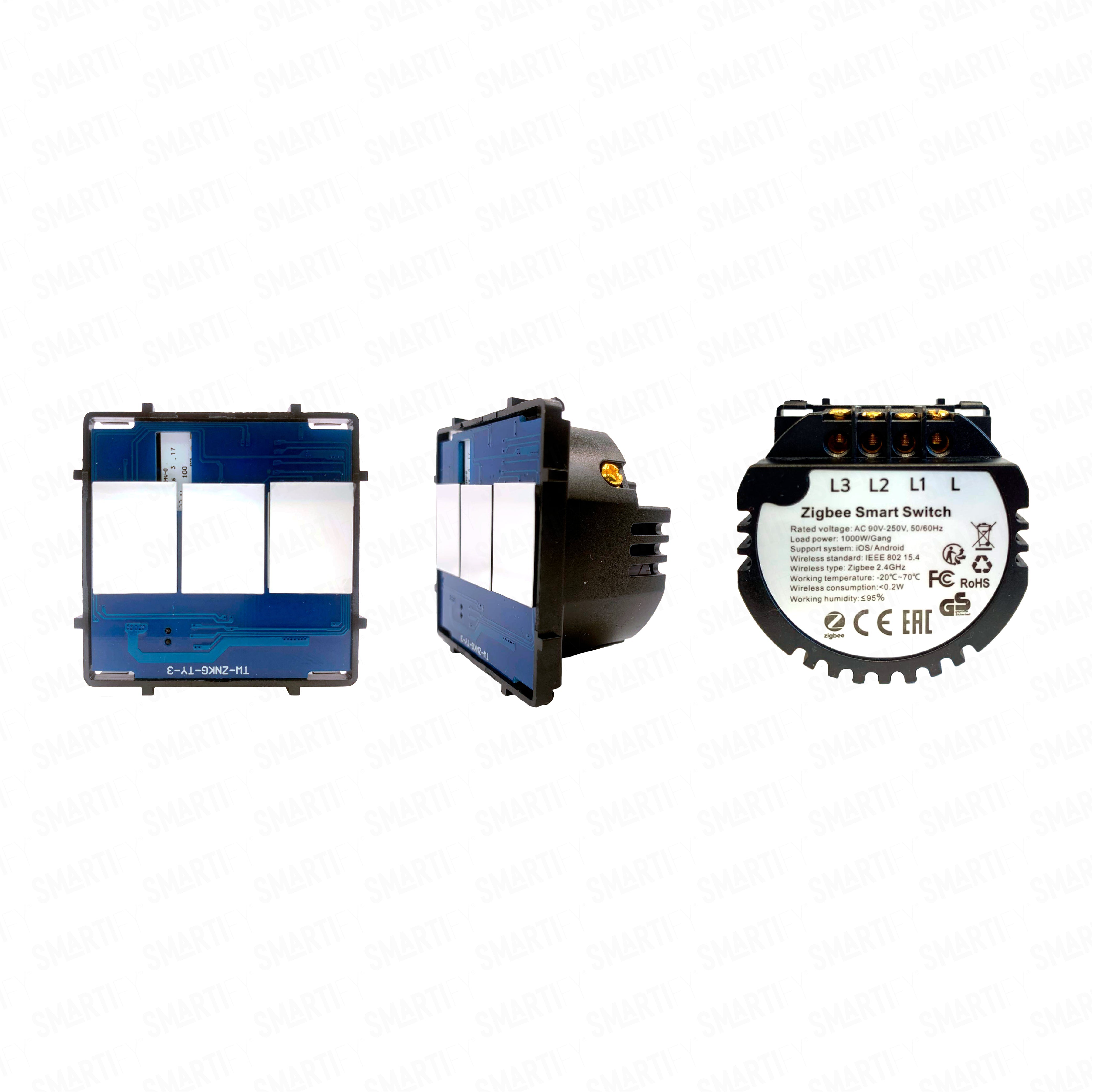 Smartify Módulo Interruptor 3 botões Zigbee (sem neutro) – imagem exibindo três ângulos do dispositivo, destacando seu design compacto e funcionalidades para automação residencial.