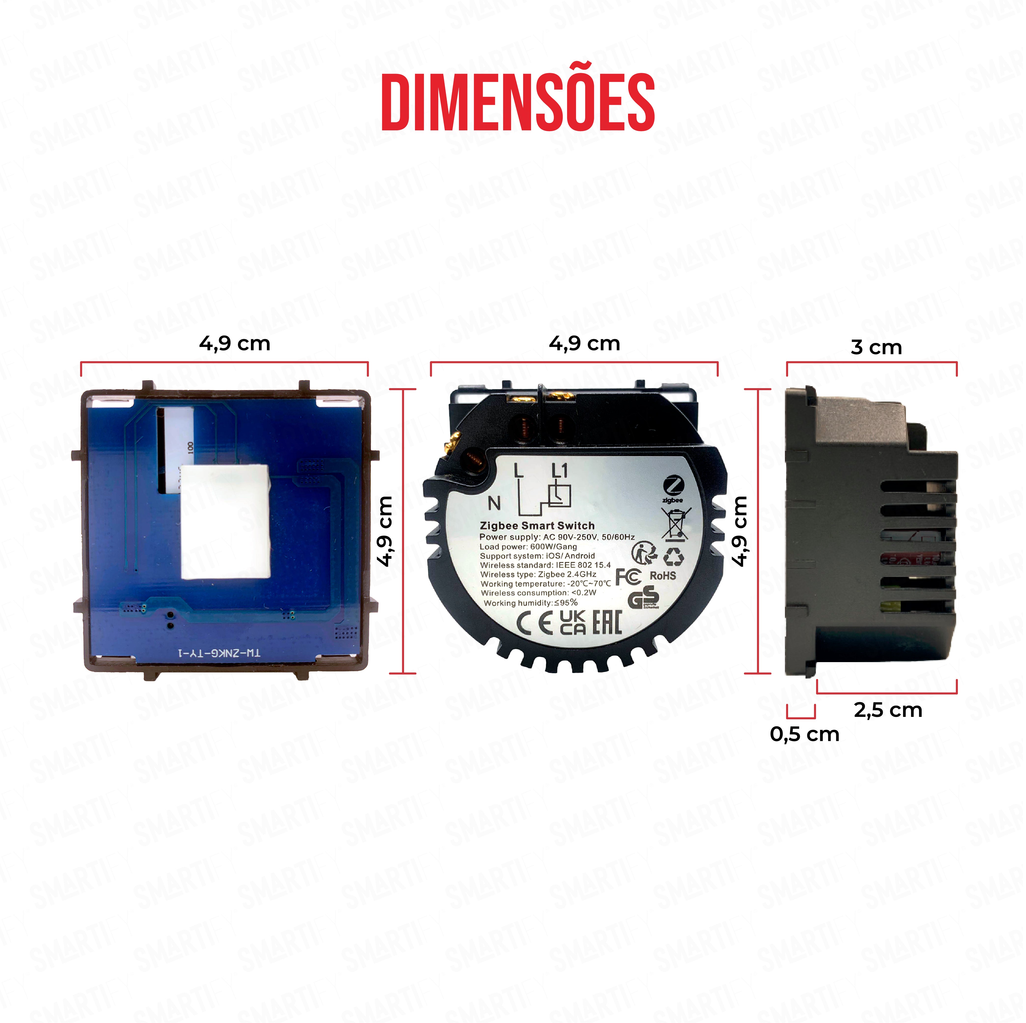 Smartify Módulo Interruptor Inteligente 1 Canal Zigbee Visão – imagem exibindo as dimensões do produto, destacando seu design compacto e funcionalidades para automação residencial.