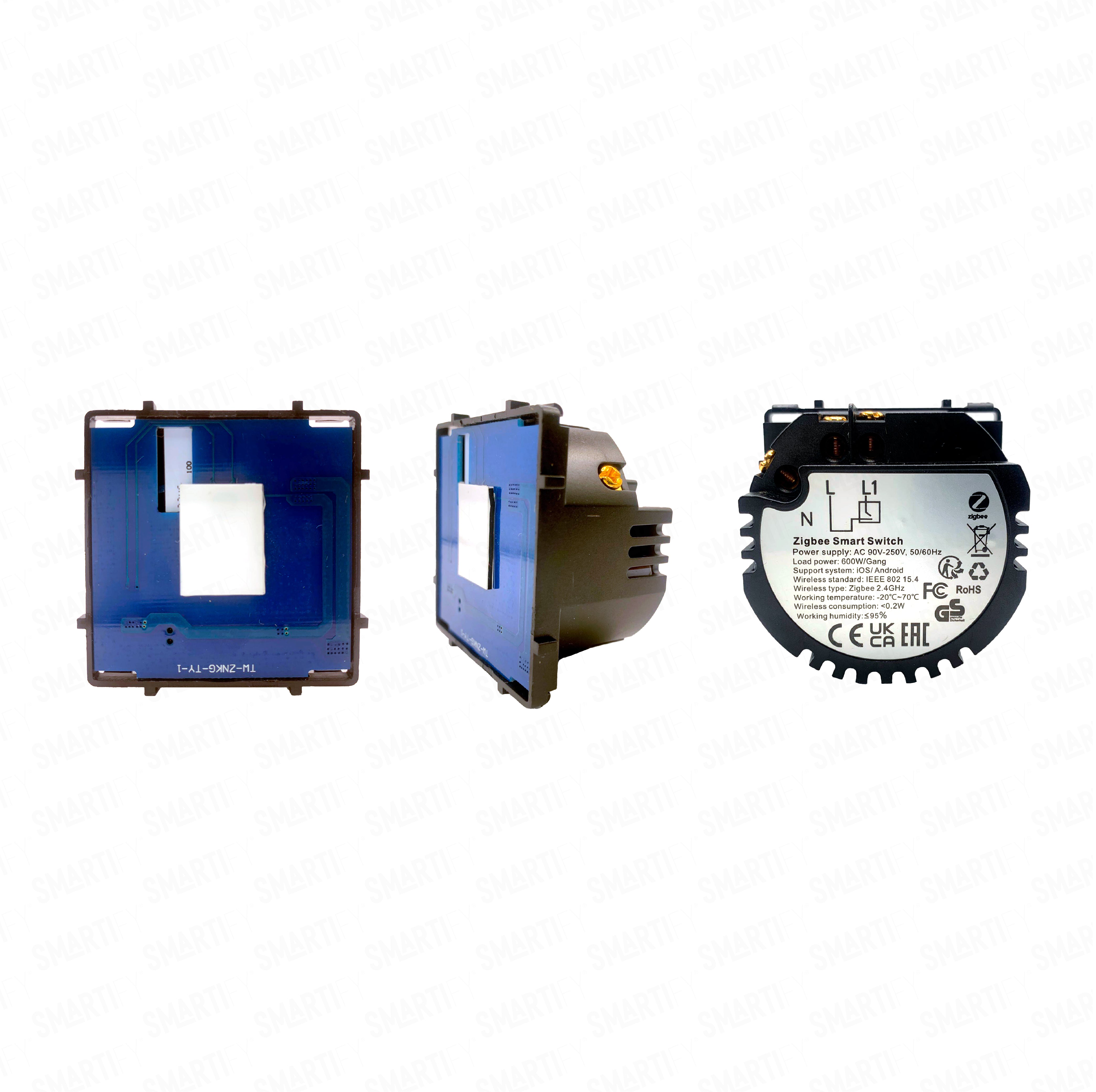 Smartify Módulo Interruptor Inteligente 1 Canal Zigbee (com neutro) – imagem exibindo três ângulos do dispositivo, destacando seu design compacto e funcionalidades para automação residencial.