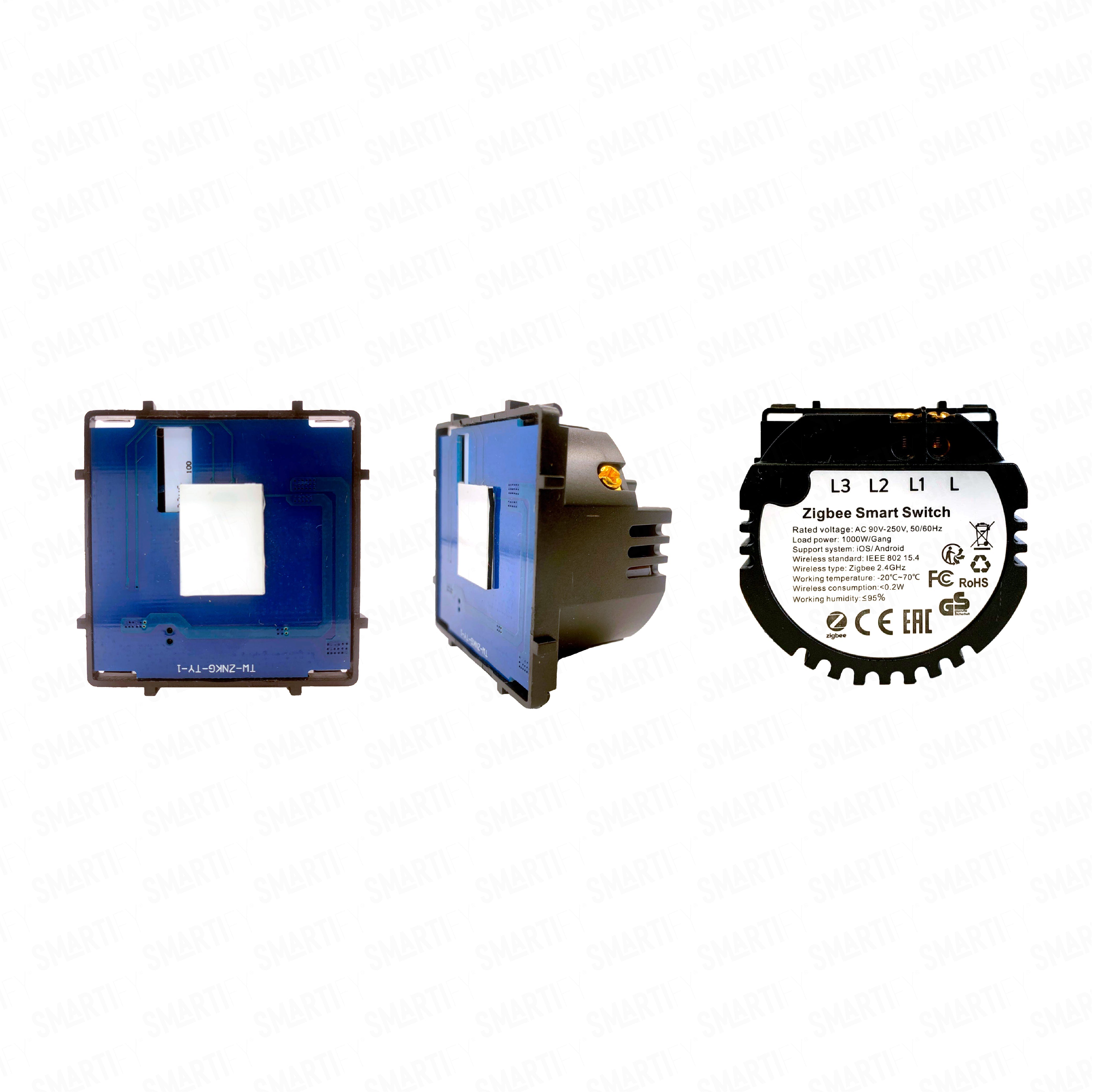 Smartify Módulo Interruptor Inteligente 1 Canal Zigbee (sem neutro) – imagem exibindo três ângulos do dispositivo, destacando seu design compacto e funcionalidades para automação residencial.