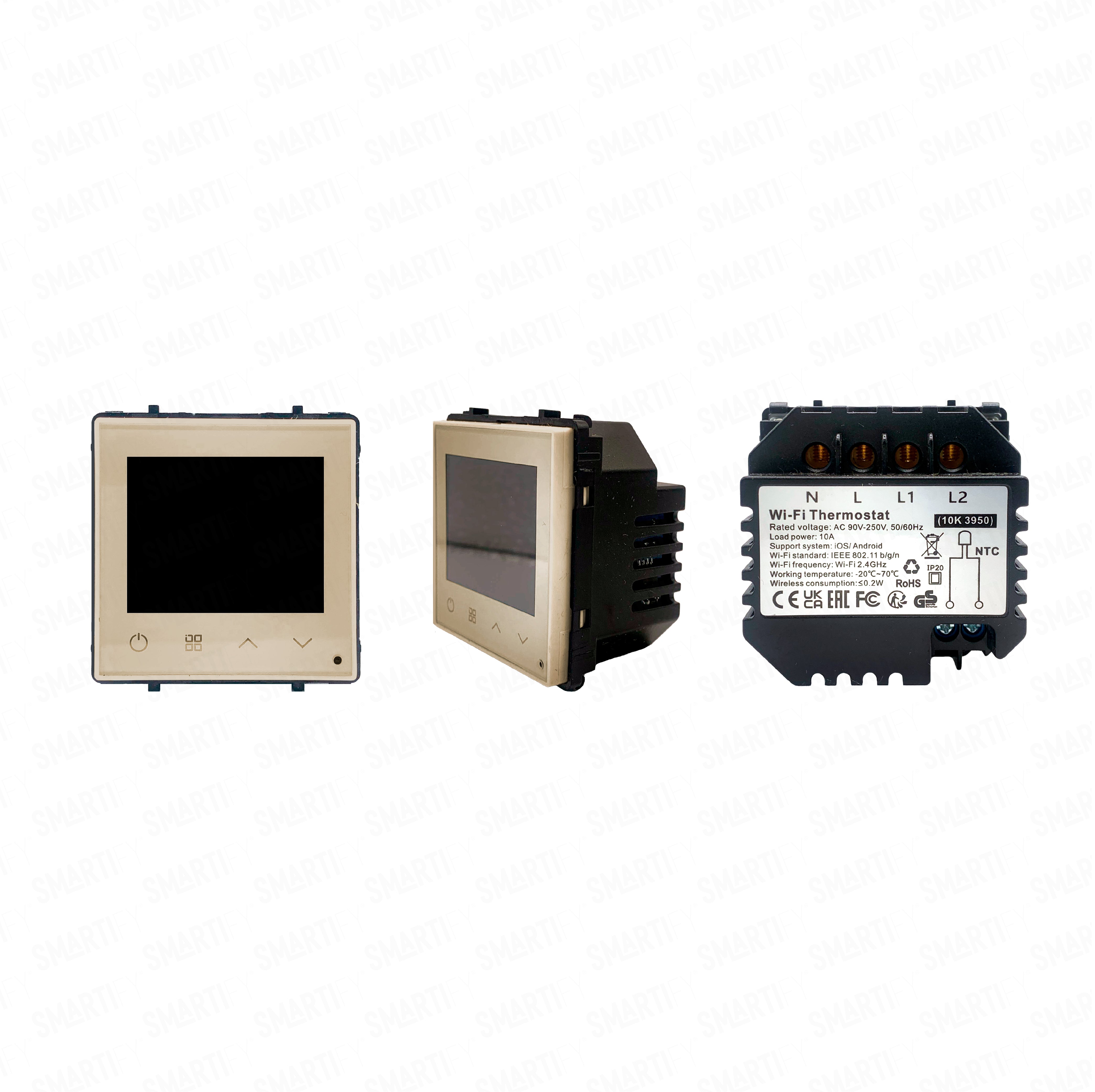 Módulo Termóstato piso Radiante Elétrico Inteligente Wifi Dourado - imagem exibindo três ângulos do dispositivo, destacando seu design compacto e funcionalidades para automação residencial.