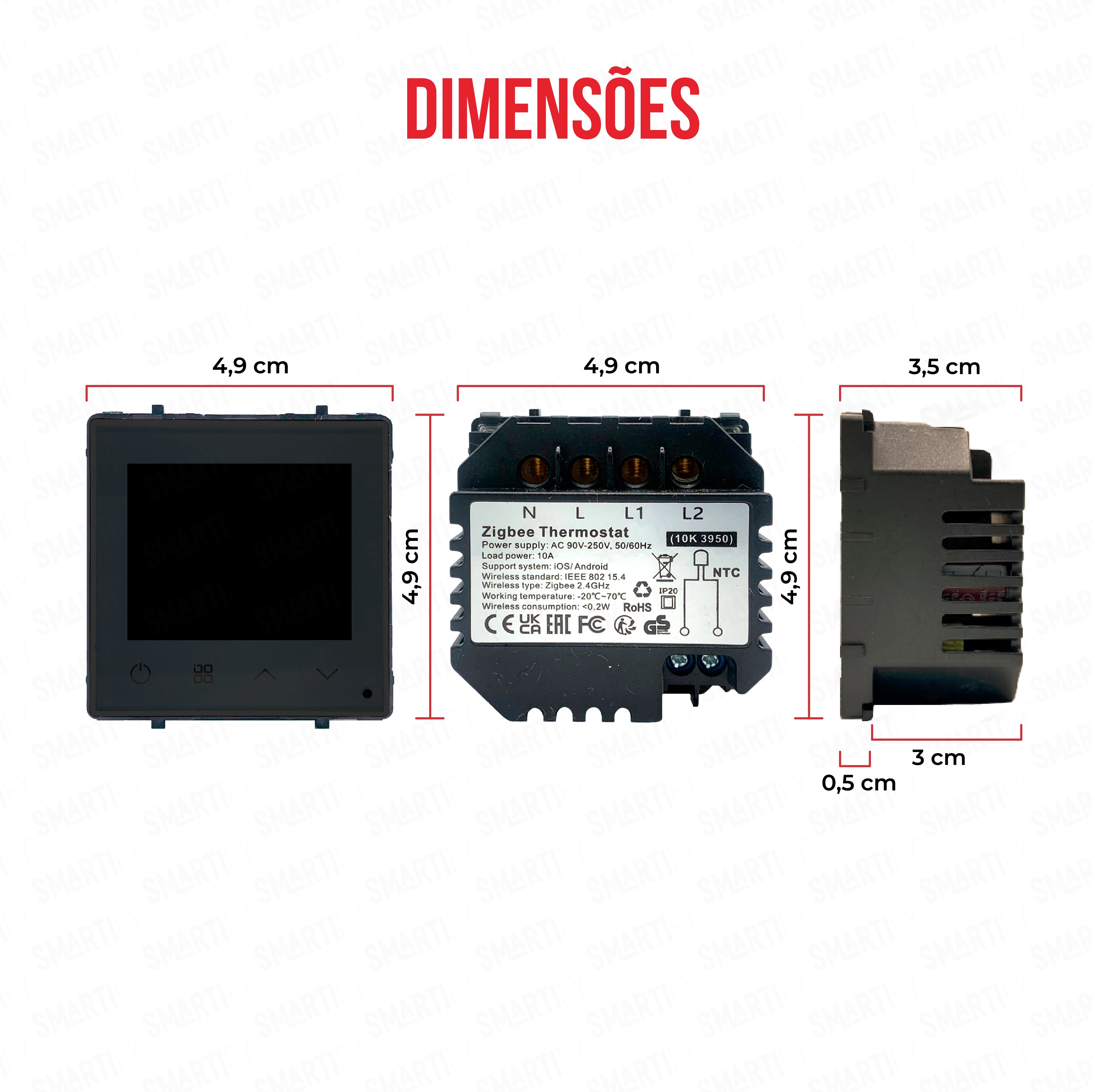 Módulo Termóstato piso Radiante c/ Circulação de Águas Inteligente Zigbee Preto – imagem exibindo as dimensões do produto, destacando seu design compacto e funcionalidades para automação residencial.