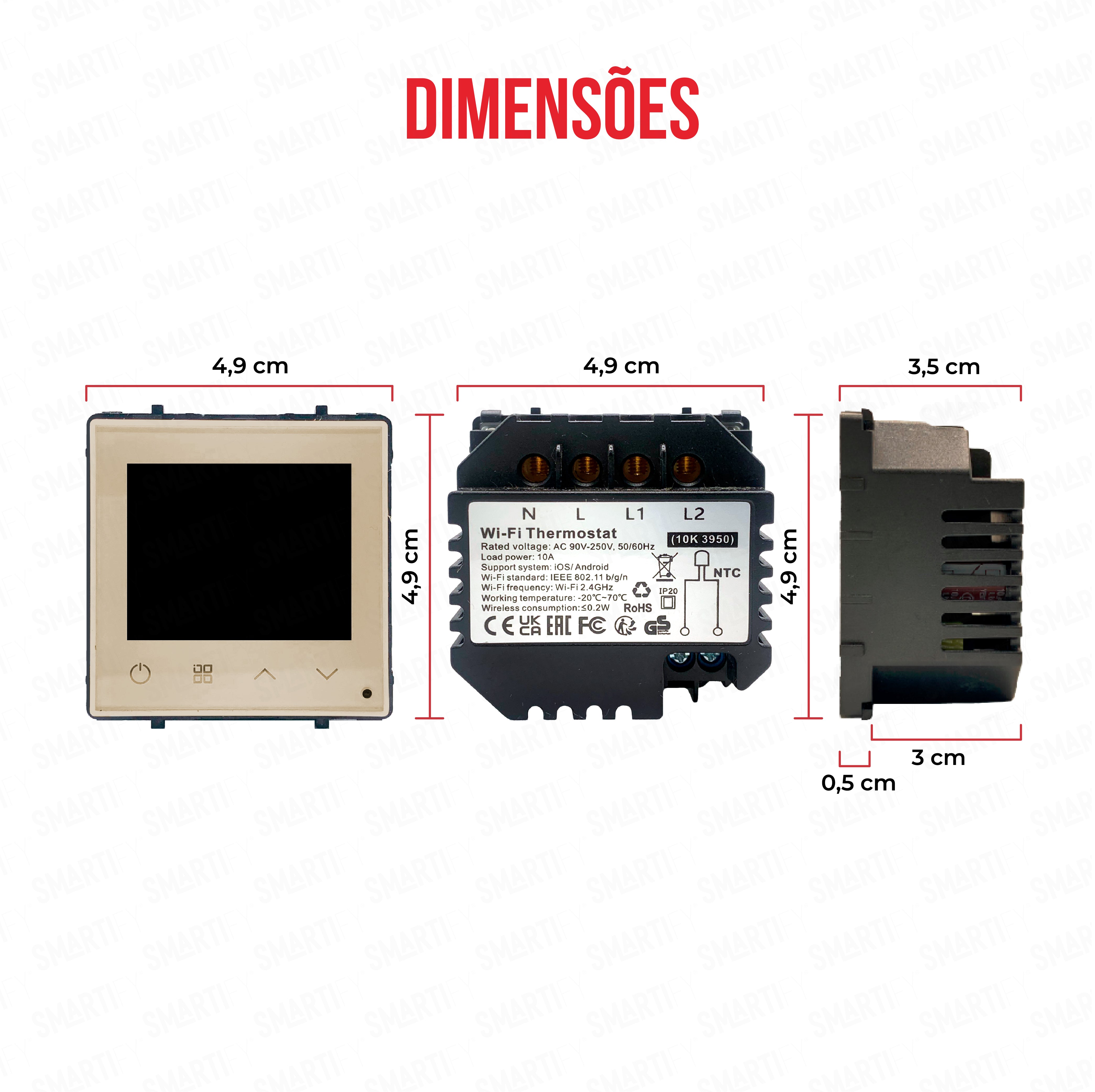 Módulo Termóstato piso Radiante Elétrico Inteligente Wifi Dourado – imagem exibindo as dimensões do produto, destacando seu design compacto e funcionalidades para automação residencial.