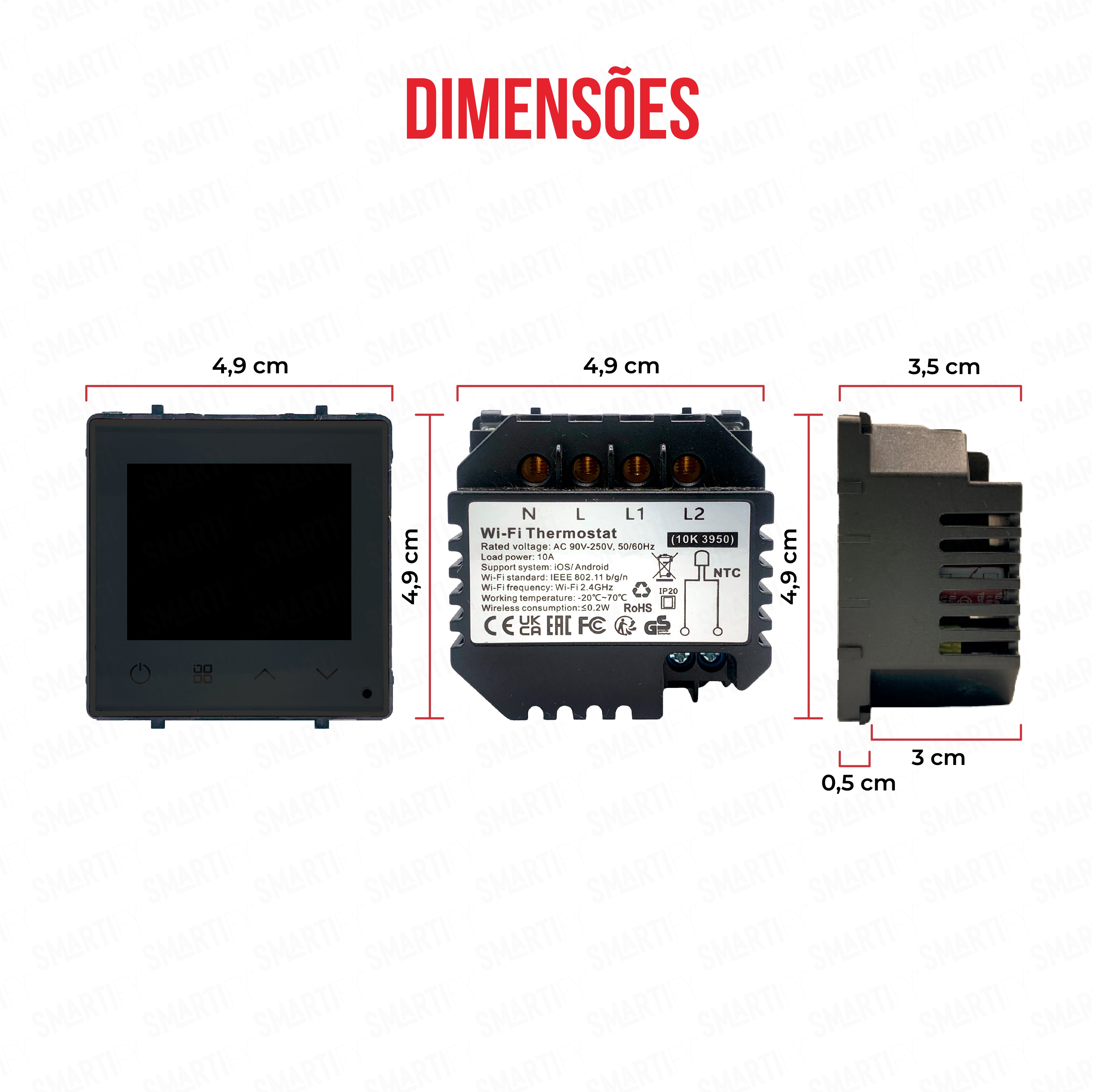 Módulo Termóstato piso Radiante Elétrico Inteligente Wifi Preto – imagem exibindo as dimensões do produto, destacando seu design compacto e funcionalidades para automação residencial.
