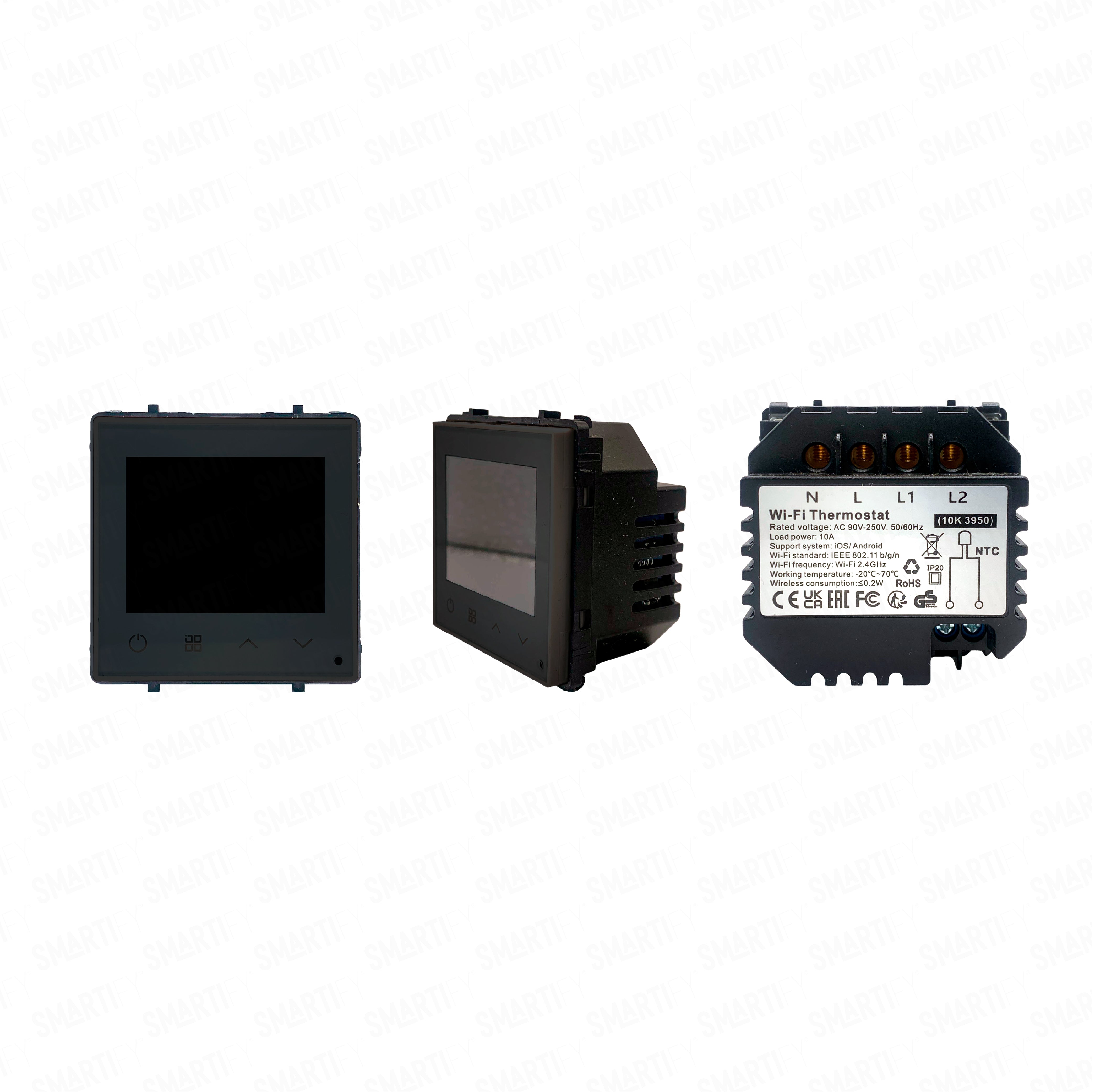 Módulo Termóstato piso Radiante Elétrico Inteligente Wifi Preto - imagem exibindo três ângulos do dispositivo, destacando seu design compacto e funcionalidades para automação residencial.