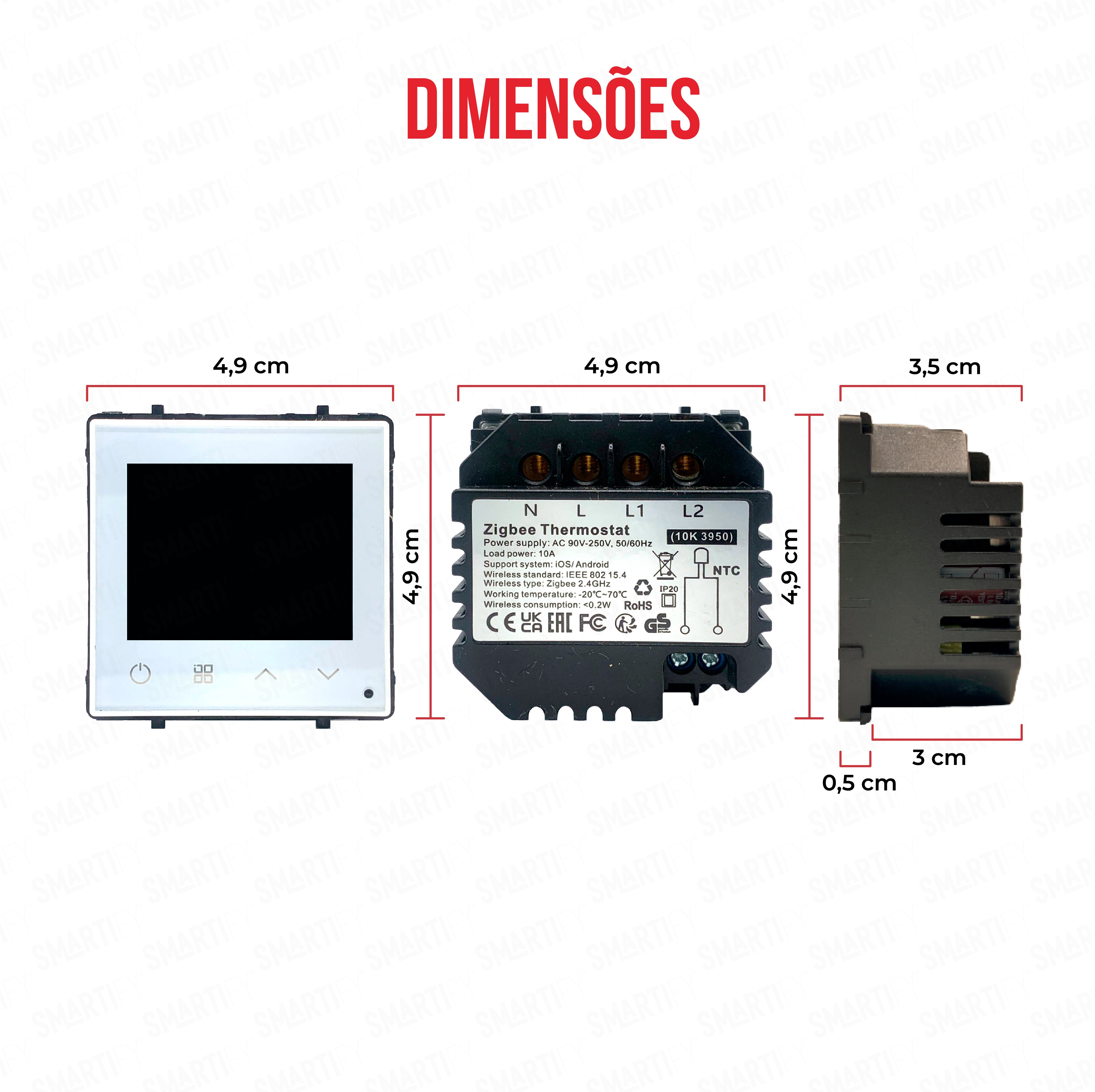 Módulo Termóstato piso Radiante c/ Circulação de Águas Inteligente Zigbee Branco – imagem exibindo as dimensões do produto, destacando seu design compacto e funcionalidades para automação residencial.