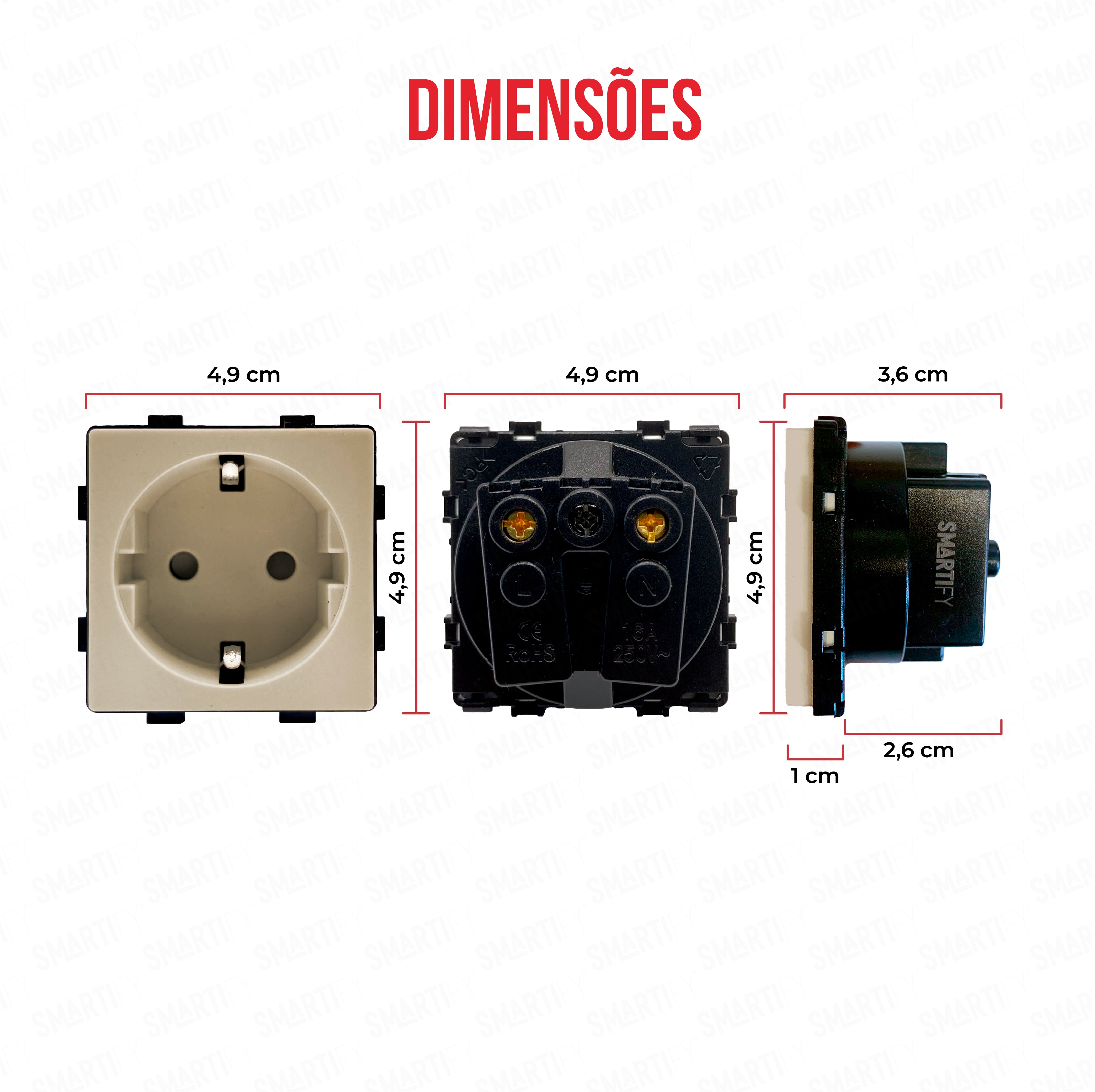 Smartify Módulo Tomada Dourado – imagem exibindo as dimensões do produto, destacando seu design compacto.