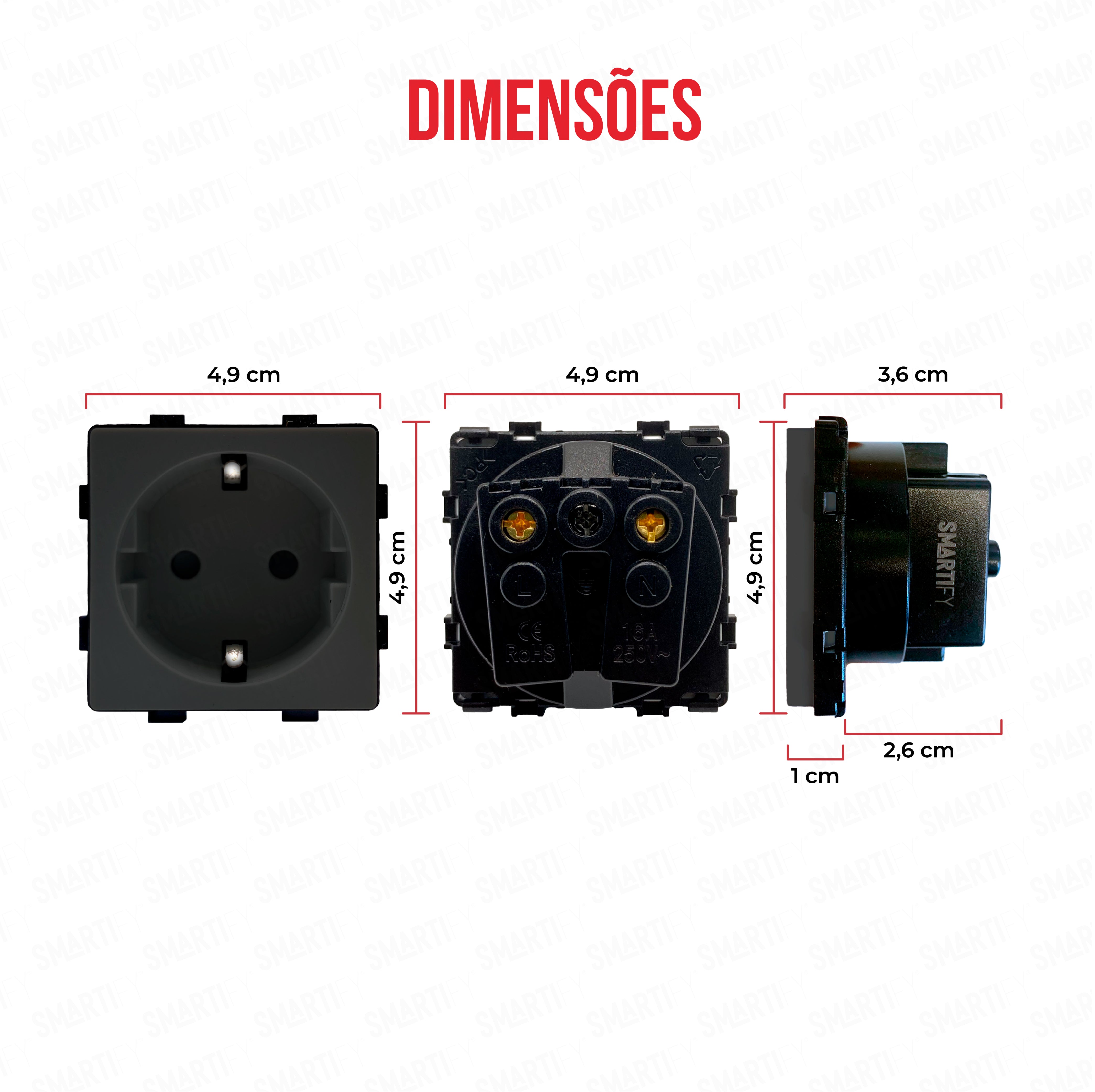Smartify Módulo Tomada Preto – imagem exibindo as dimensões do produto, destacando seu design compacto.