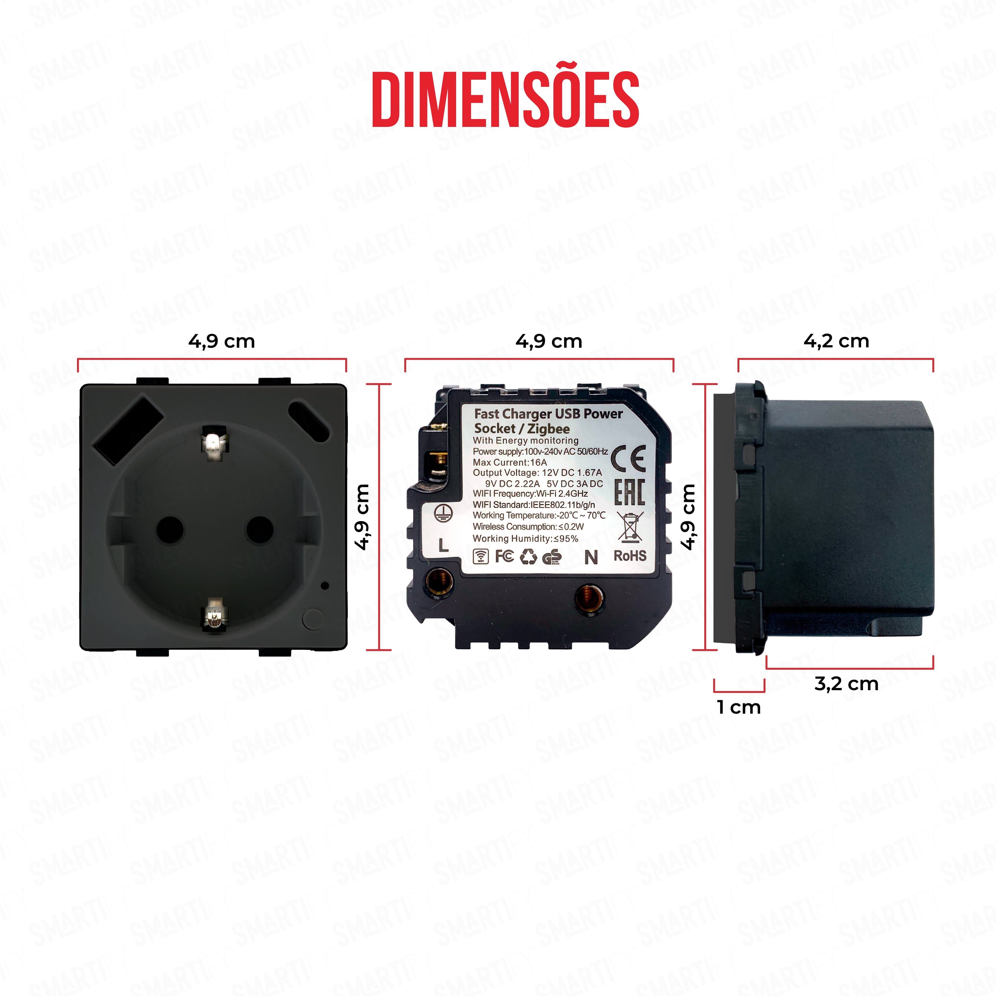 Módulo Tomada Inteligente Zigbee c/  USB-C e USB-A c/ Medidor de Energia Preto – imagem exibindo as dimensões do produto, destacando seu design compacto e funcionalidades para automação residencial.