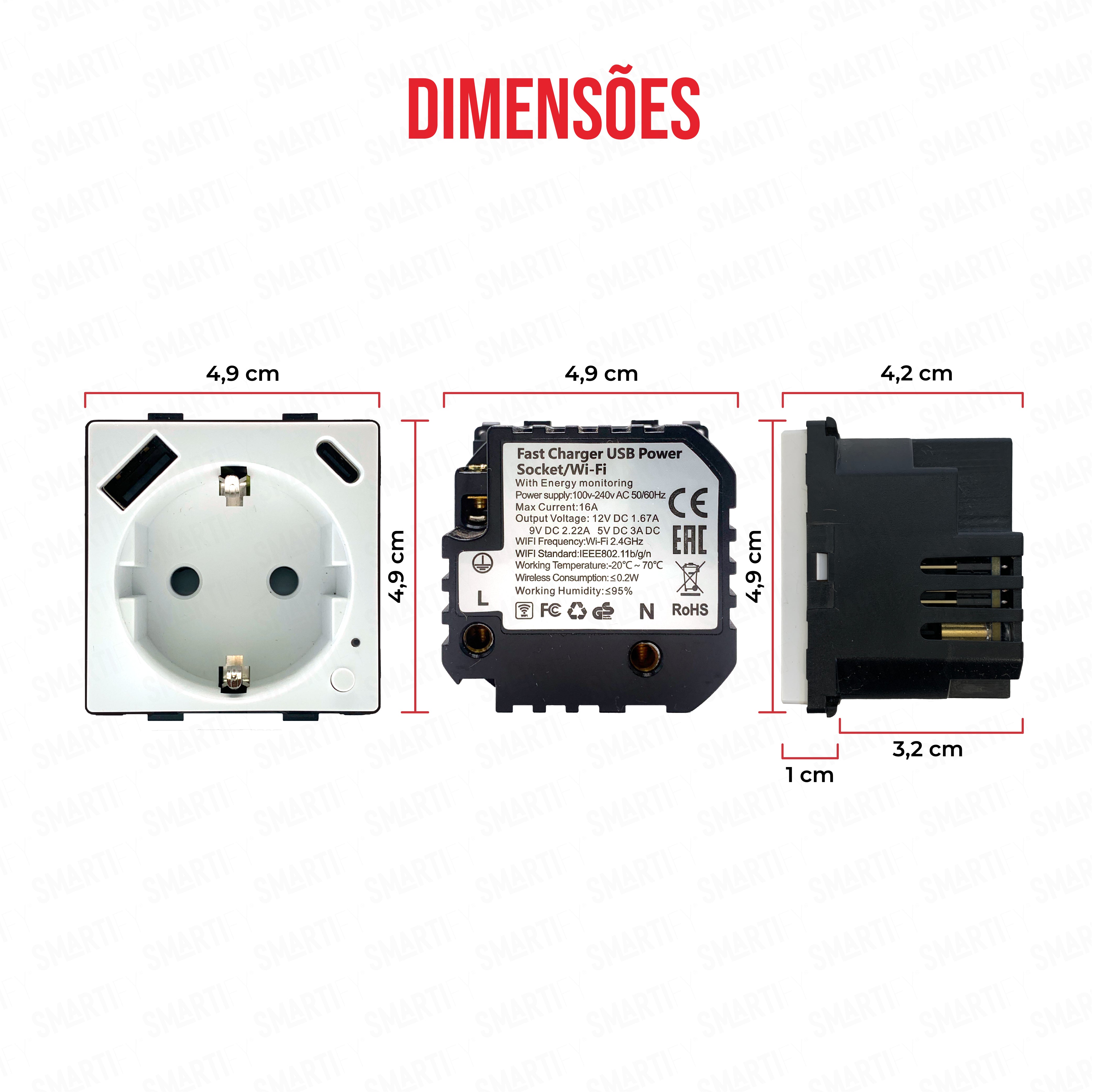 Módulo Tomada Inteligente Wifi c/  USB-C e USB-A c/ Medidor de Energia Branco – imagem exibindo as dimensões do produto, destacando seu design compacto e funcionalidades para automação residencial.