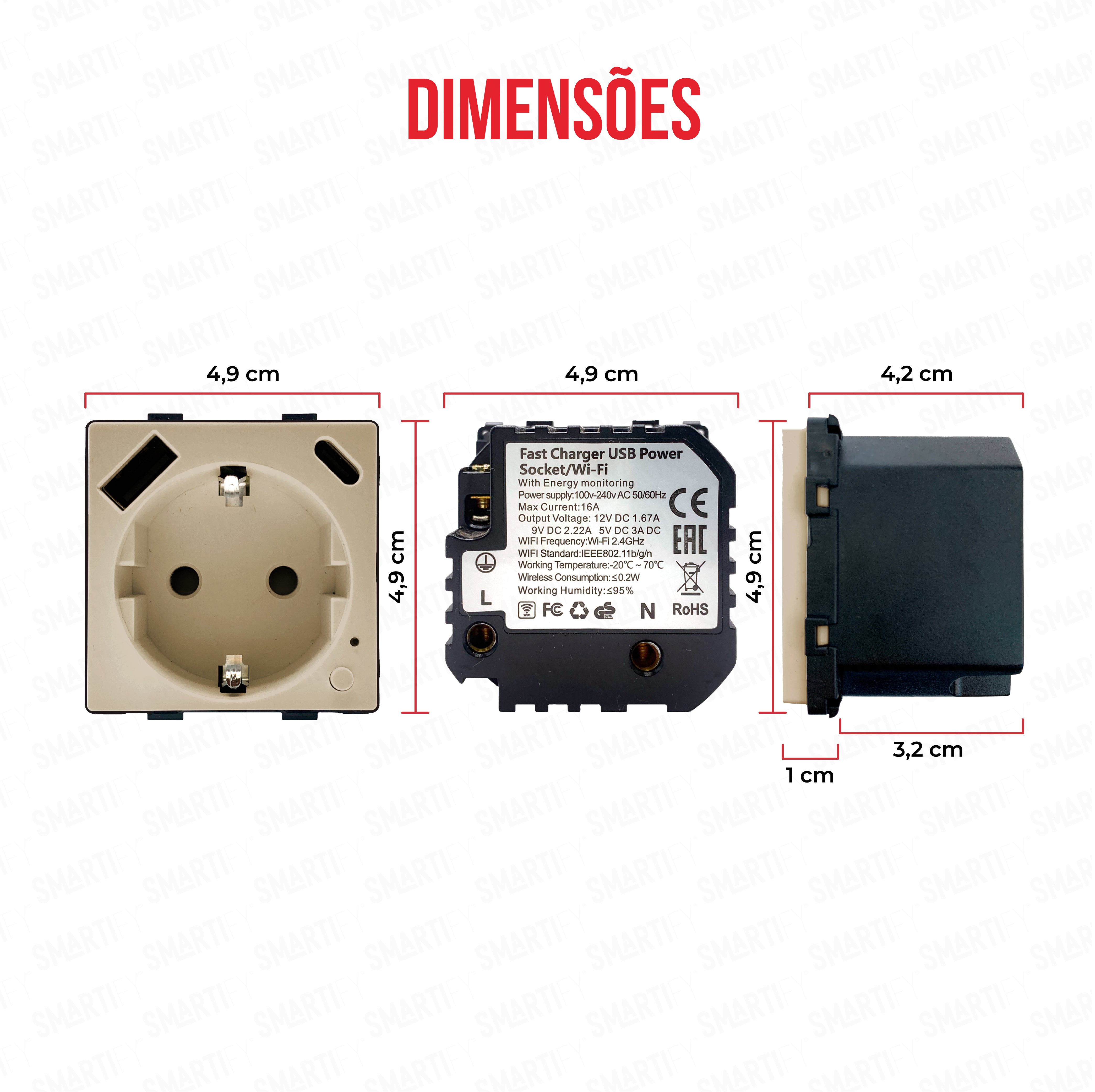 Módulo Tomada Inteligente Wifi c/  USB-C e USB-A c/ Medidor de Energia Dourado – imagem exibindo as dimensões do produto, destacando seu design compacto e funcionalidades para automação residencial.