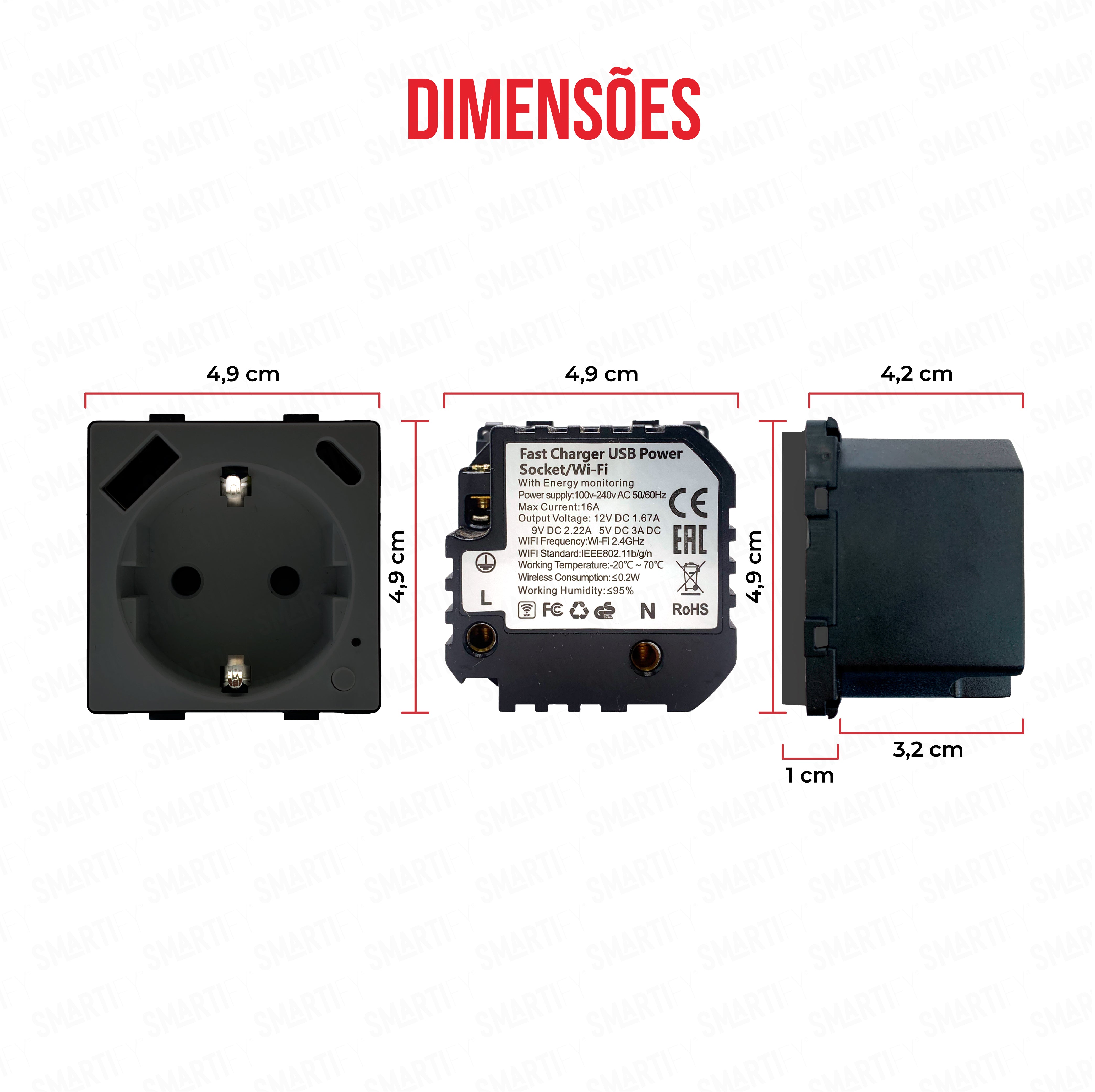 Módulo Tomada Inteligente Wifi c/  USB-C e USB-A c/ Medidor de Energia Preto – imagem exibindo as dimensões do produto, destacando seu design compacto e funcionalidades para automação residencial.