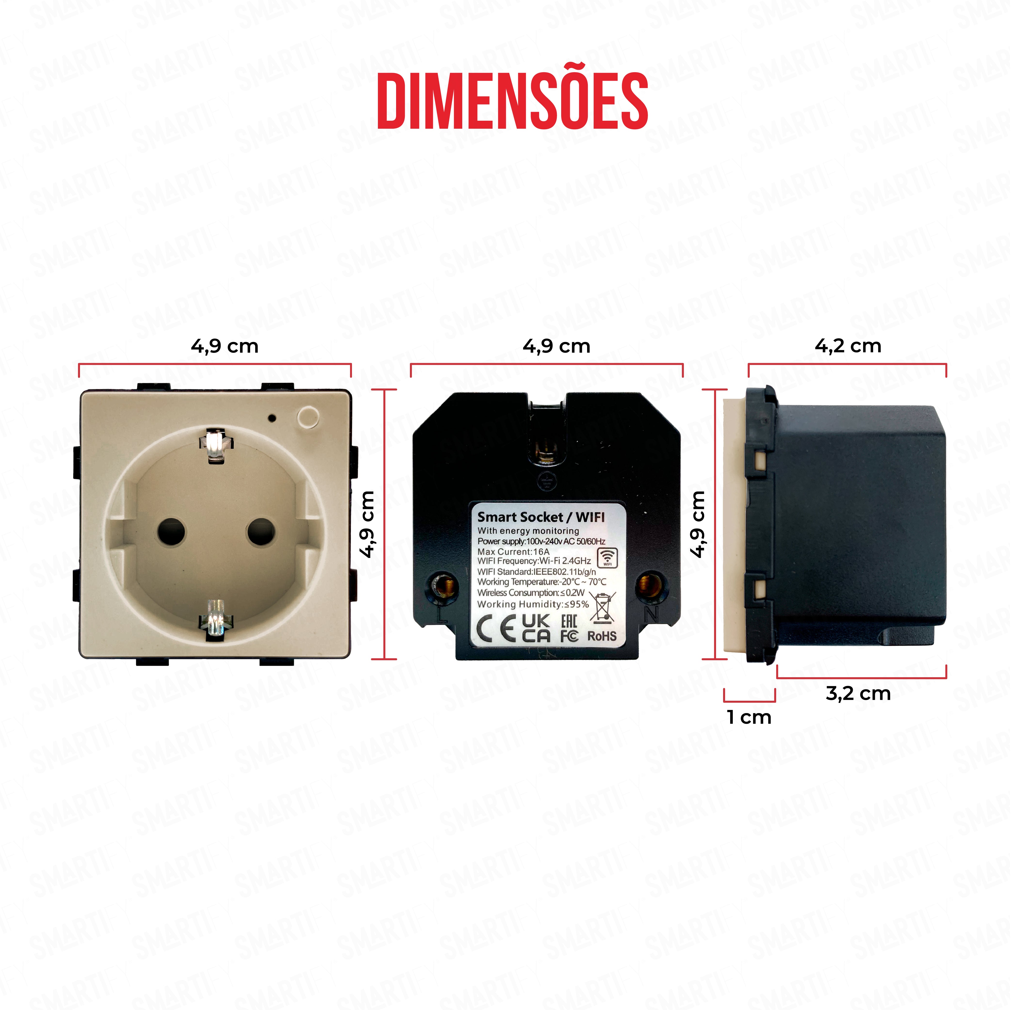 Smartify Módulo Tomada Inteligente Wifi c/ Medidor de Energia Dourado – imagem exibindo as dimensões do produto, destacando seu design compacto e funcionalidades para automação residencial.