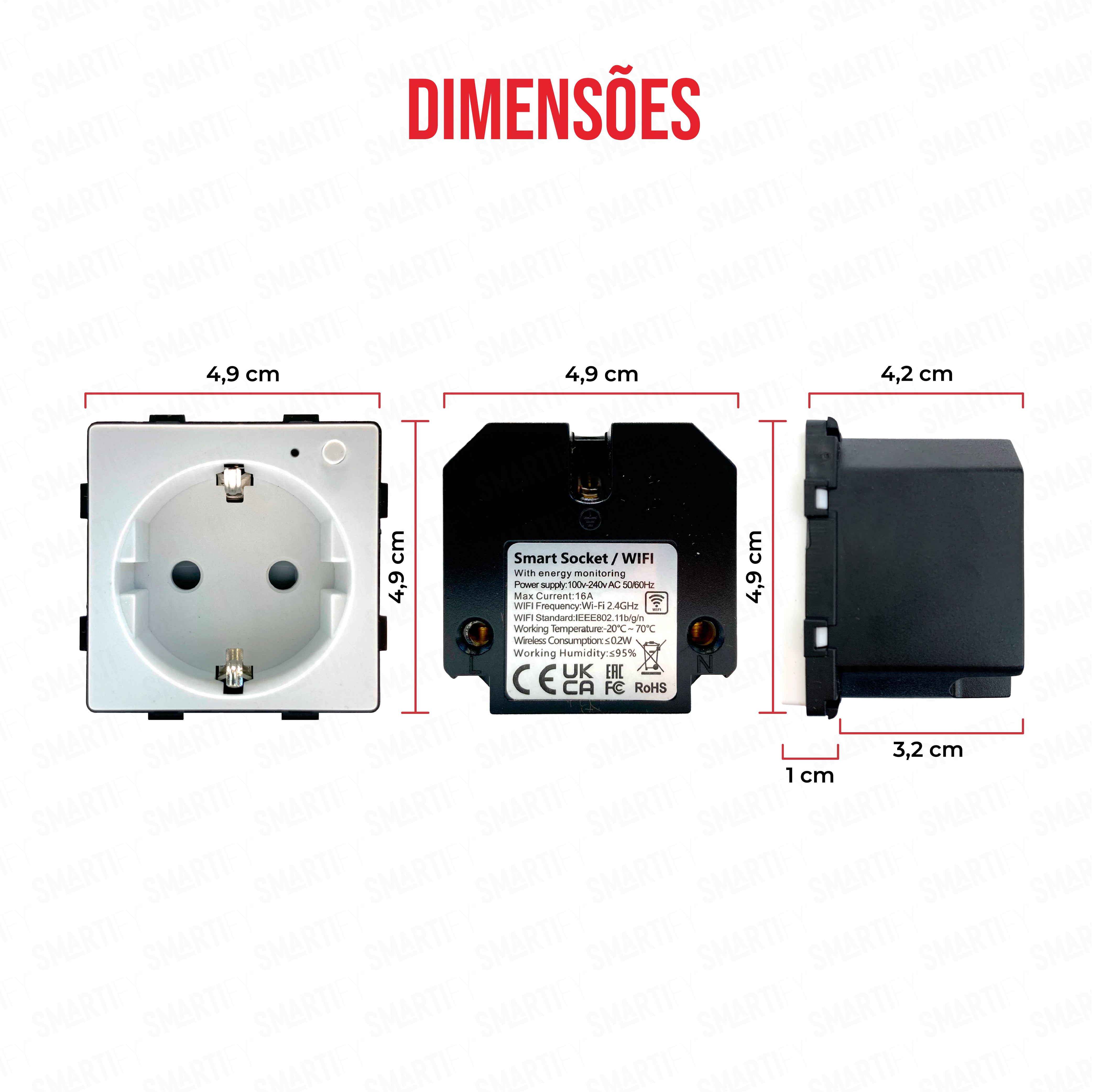 Smartify Módulo Tomada Inteligente Wifi c/ Medidor de Energia – imagem exibindo as dimensões do produto, destacando seu design compacto e funcionalidades para automação residencial.