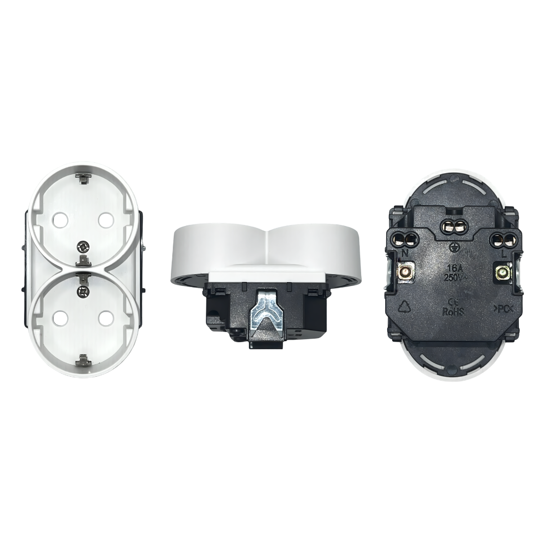 O Módulo Tomada Dupla 2 em 1 da nossa linha Vpro é a solução ideal para quem precisa de duplicar os pontos de energia sem realizar obras. Com um design compacto e moderno, permite converter uma única caixa de aparelhagem standard em duas tomadas funcionais.