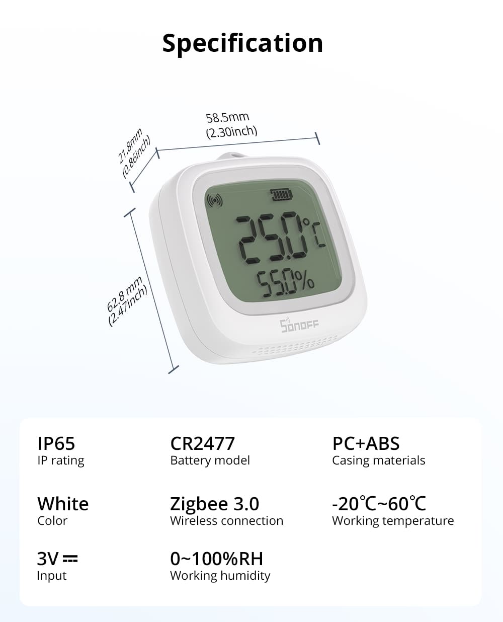 O SONOFF SNZB-02WD é um sensor inteligente de temperatura e humidade com ecrã LCD e conectividade Zigbee 3.0, desenvolvido para monitorizar em tempo real as condições ambientais em espaços interiores, incluindo locais com maior nível de humidade.