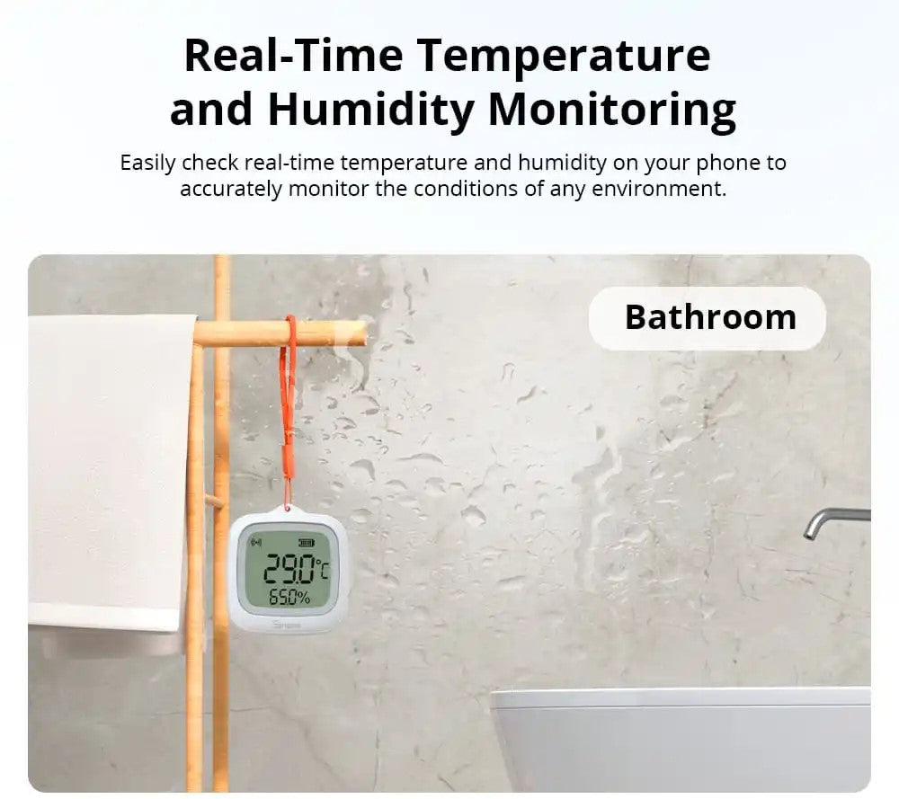 O SONOFF SNZB-02WD é um sensor inteligente de temperatura e humidade com ecrã LCD e conectividade Zigbee 3.0, desenvolvido para monitorizar em tempo real as condições ambientais em espaços interiores, incluindo locais com maior nível de humidade.