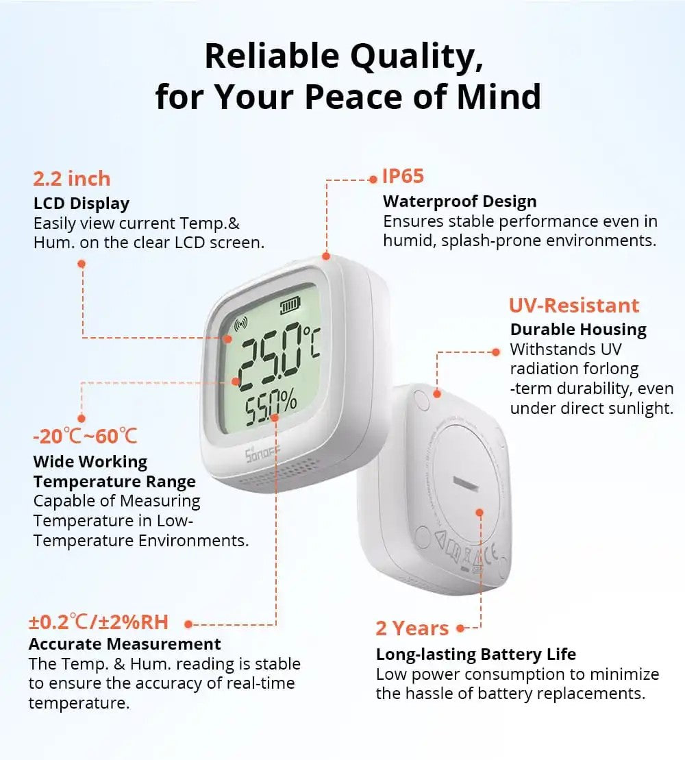 O SONOFF SNZB-02WD é um sensor inteligente de temperatura e humidade com ecrã LCD e conectividade Zigbee 3.0, desenvolvido para monitorizar em tempo real as condições ambientais em espaços interiores, incluindo locais com maior nível de humidade.