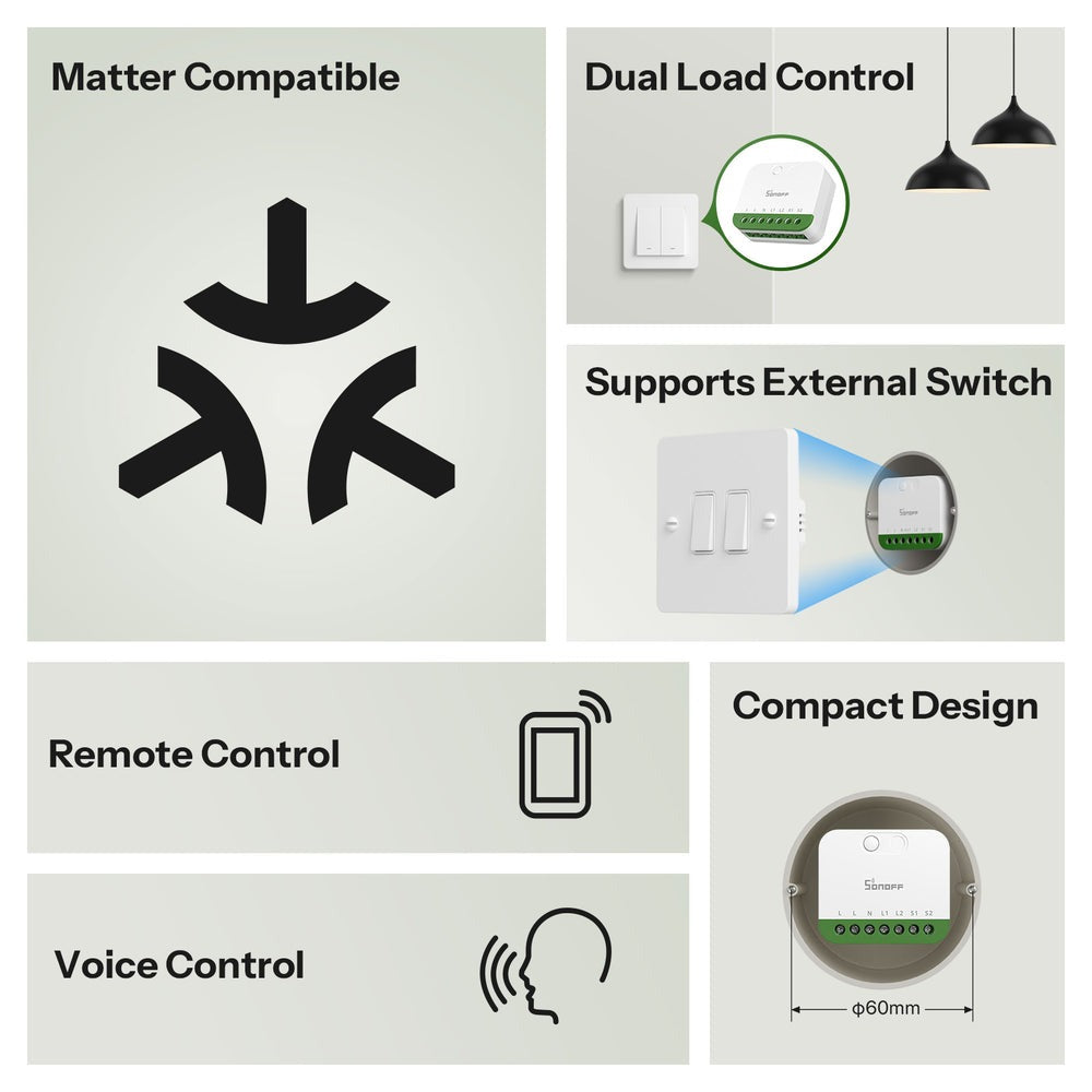 O Sonoff MINI-2GS é um interruptor inteligente compacto de dois canais, concebido para transformar circuitos elétricos tradicionais em dispositivos inteligentes totalmente controláveis.