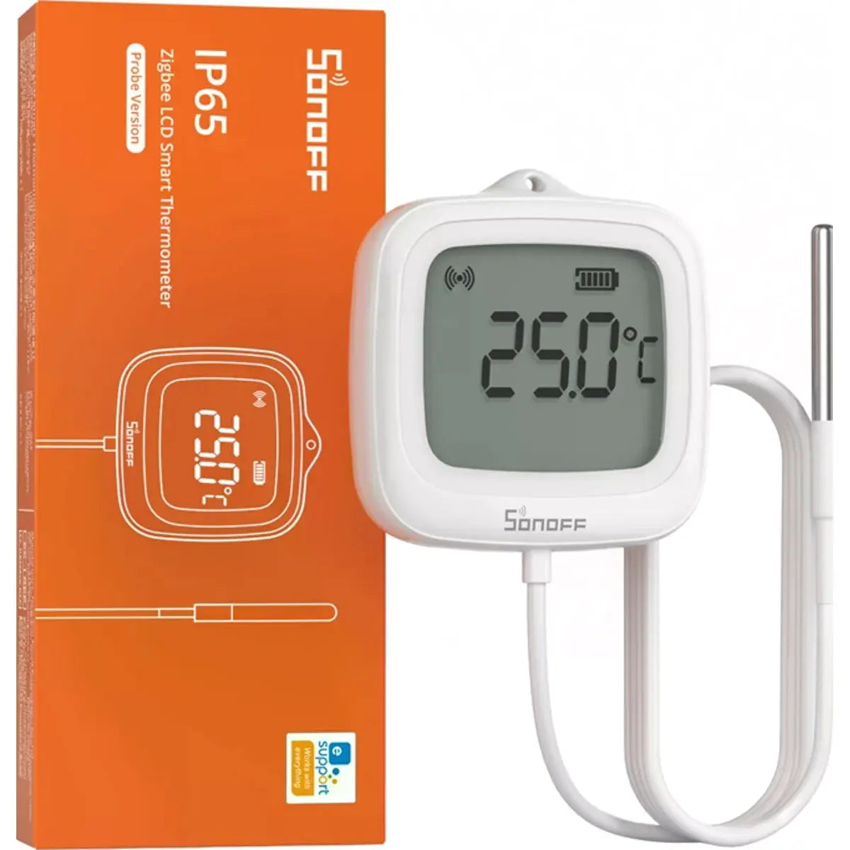 O Sonoff SNZB-02LD é um sensor inteligente de temperatura equipado com sonda externa e visor LCD de 2,2”, ideal para medições precisas tanto em líquidos como em ambientes fechados.
