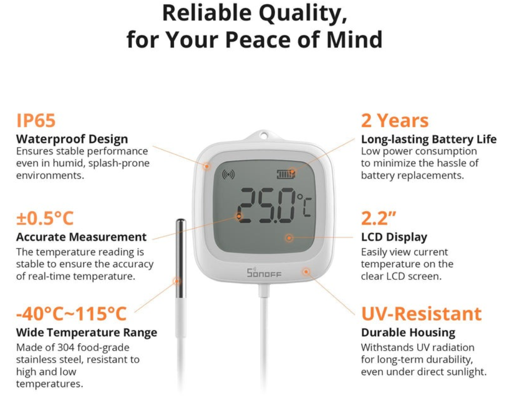 O Sonoff SNZB-02LD é um sensor inteligente de temperatura equipado com sonda externa e visor LCD de 2,2”, ideal para medições precisas tanto em líquidos como em ambientes fechados.