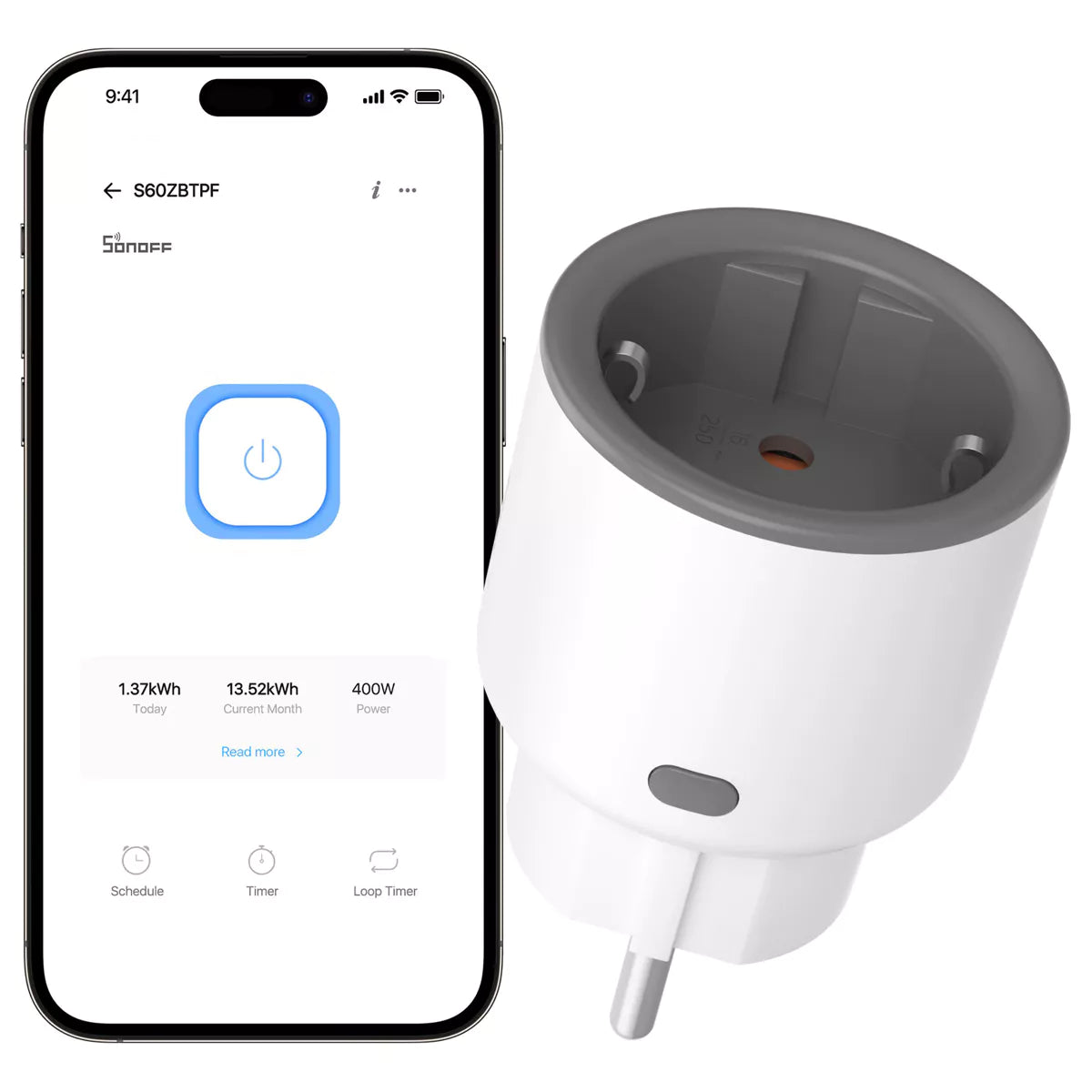 A Sonoff S60ZBTPF é uma tomada inteligente Zigbee 3.0 do tipo Schuko (E/F), desenvolvida para oferecer controlo eficiente de dispositivos elétricos e monitorização detalhada do consumo de energia.