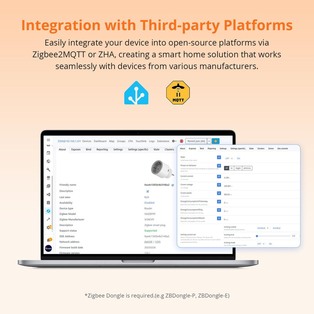 A Sonoff S60ZBTPF é uma tomada inteligente Zigbee 3.0 do tipo Schuko (E/F), desenvolvida para oferecer controlo eficiente de dispositivos elétricos e monitorização detalhada do consumo de energia.